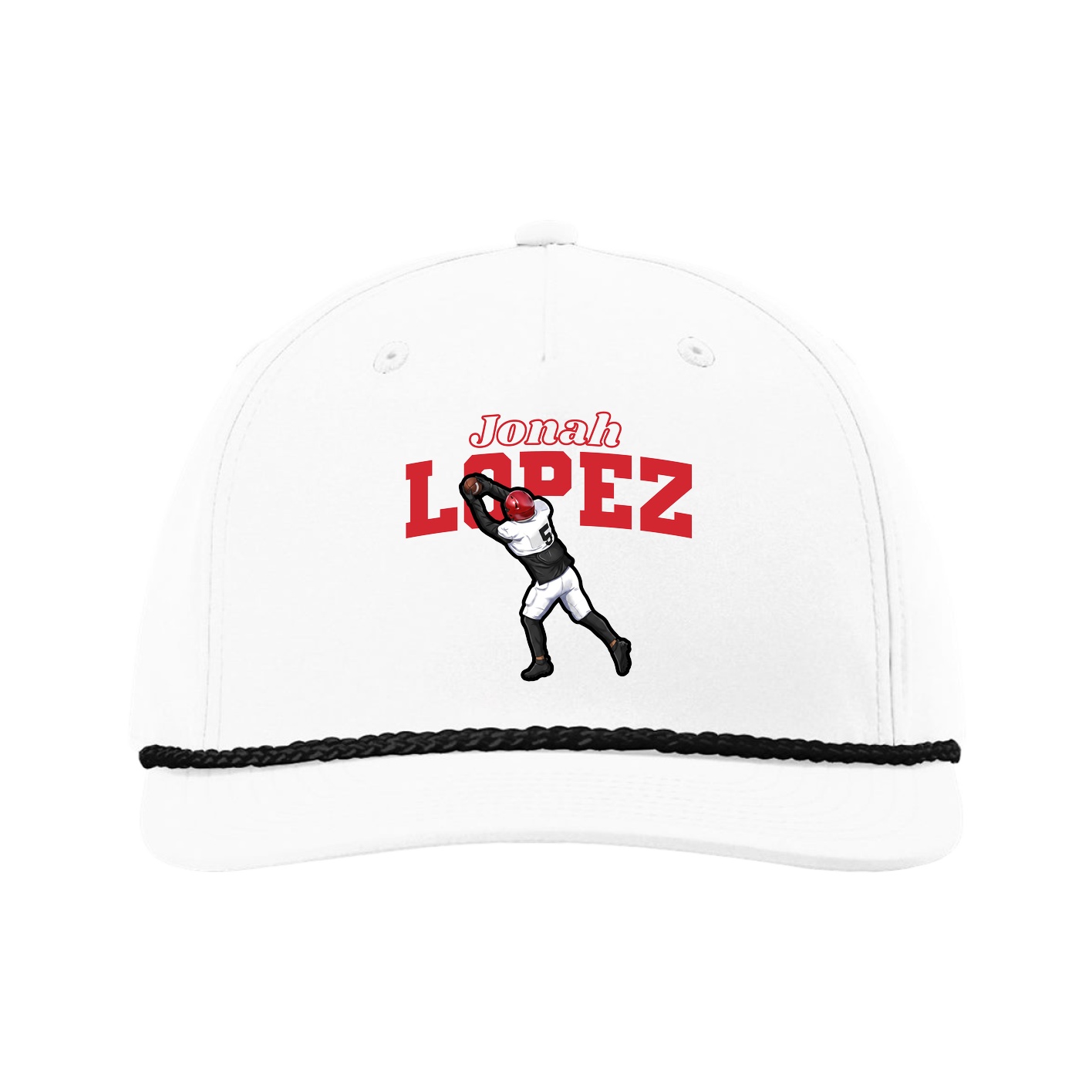 Five-Panel Classic Rope Cap — Name Arch in White