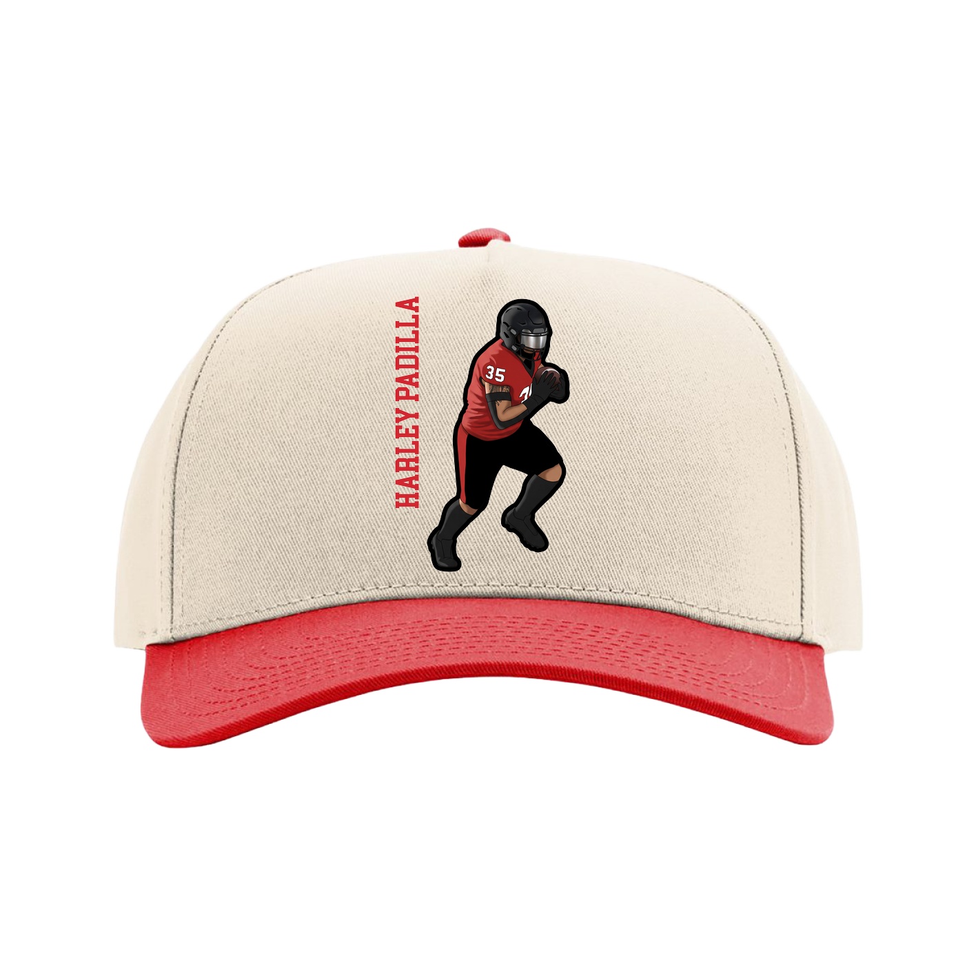 Full Fabric Five-Panel Champ Cap — Name Vertical in Cream/Red