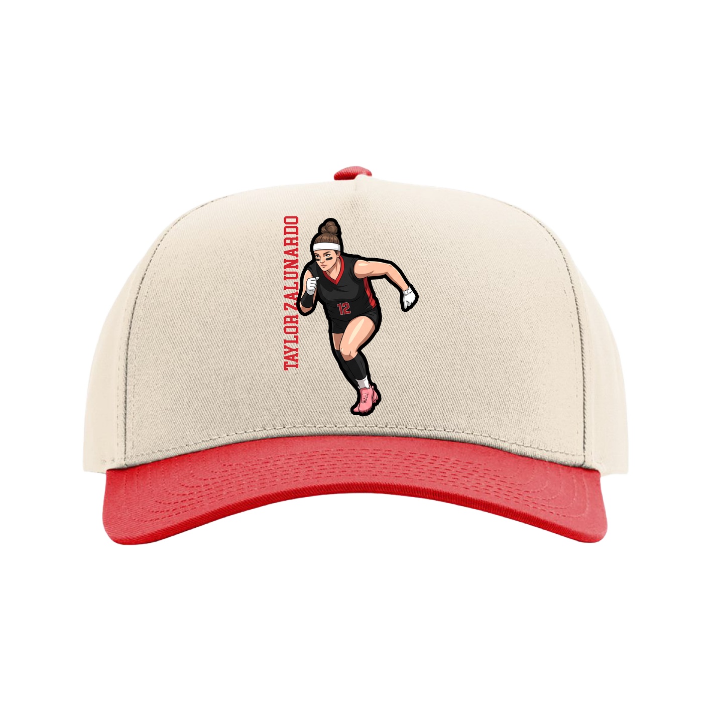 Full Fabric Five-Panel Champ Cap — Name Vertical in Cream/Red