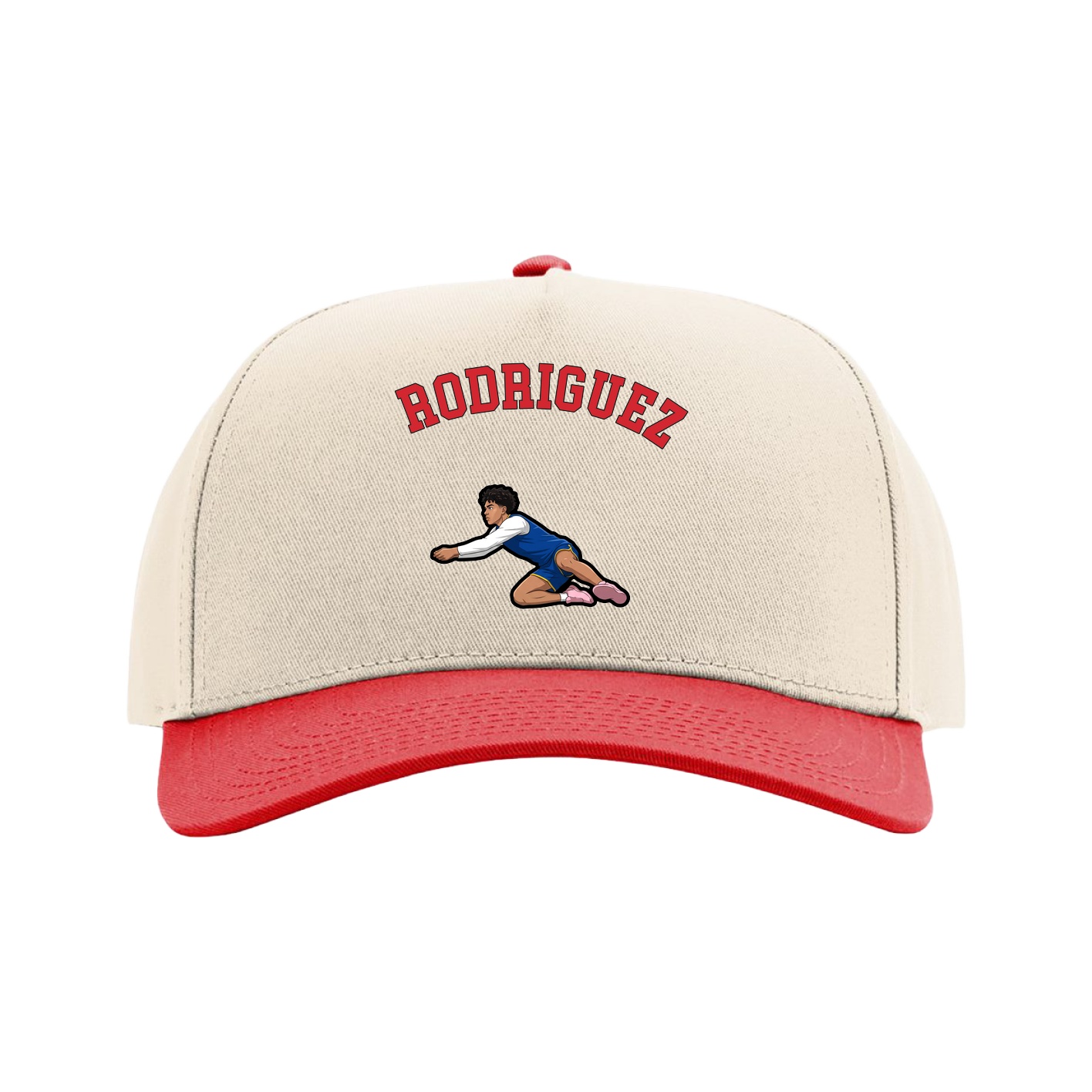 Full Fabric Five-Panel Champ Cap — Shirsey Arch in Cream/Red