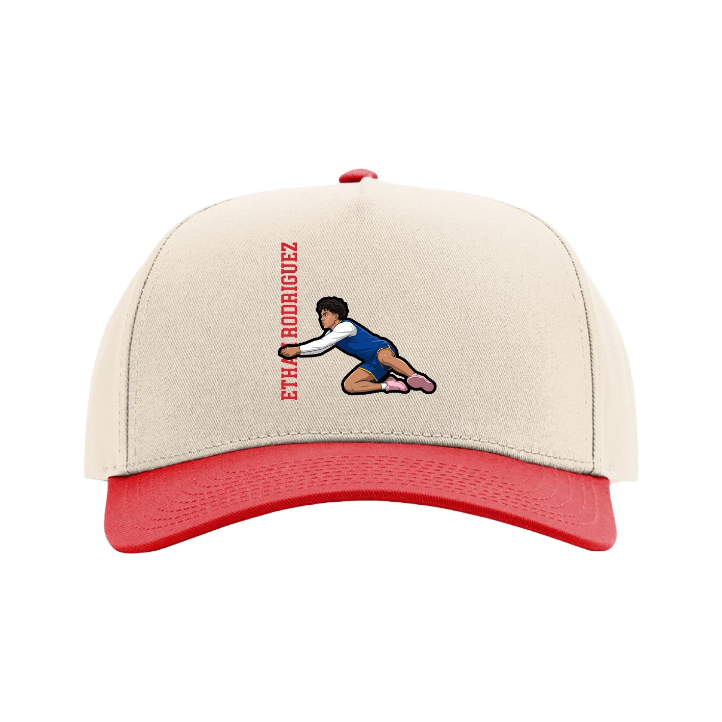 Full Fabric Five-Panel Champ Cap — Name Vertical in Cream/Red