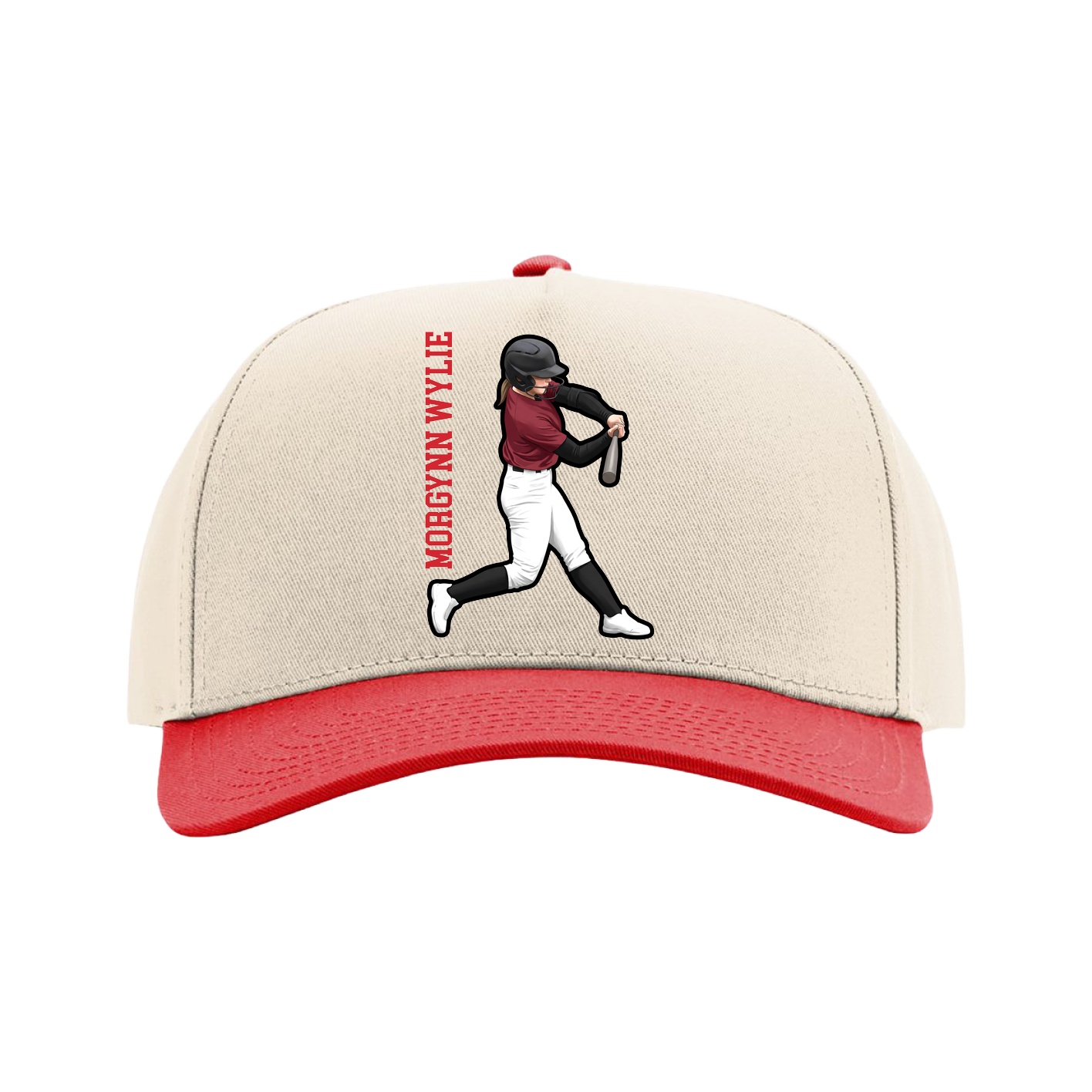 Full Fabric Five-Panel Champ Cap — Name Vertical in Cream/Red