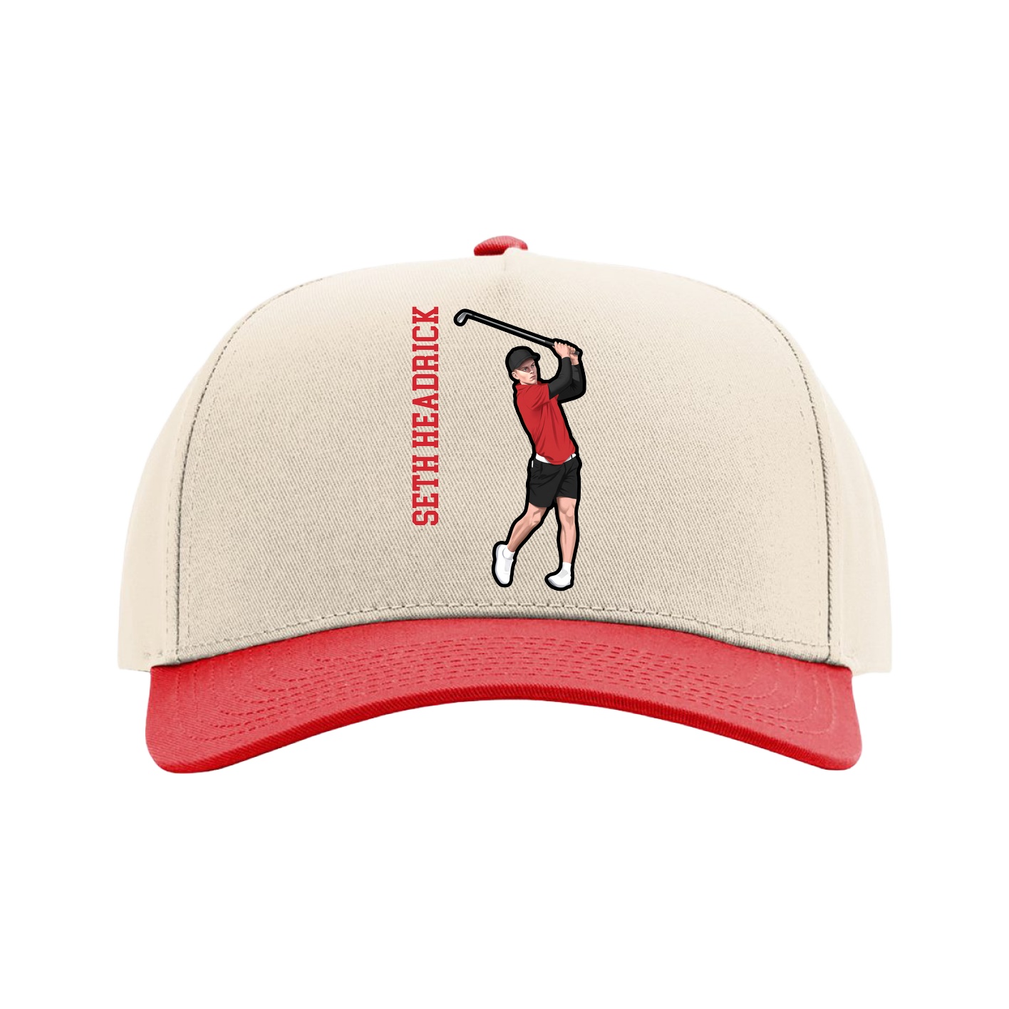 Full Fabric Five-Panel Champ Cap — Name Vertical in Cream/Red