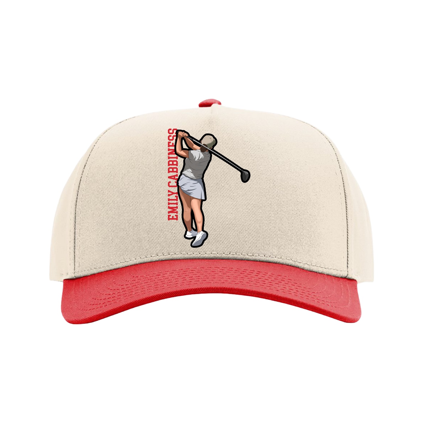 Full Fabric Five-Panel Champ Cap — Name Vertical in Cream/Red