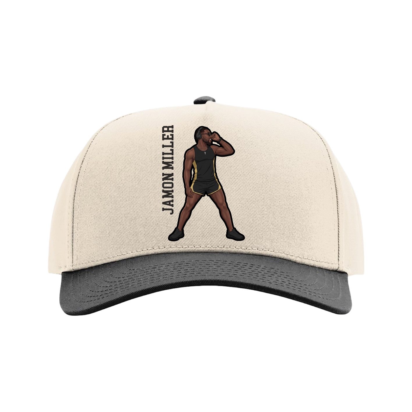 Full Fabric Five-Panel Champ Cap — Name Vertical in Cream/Black