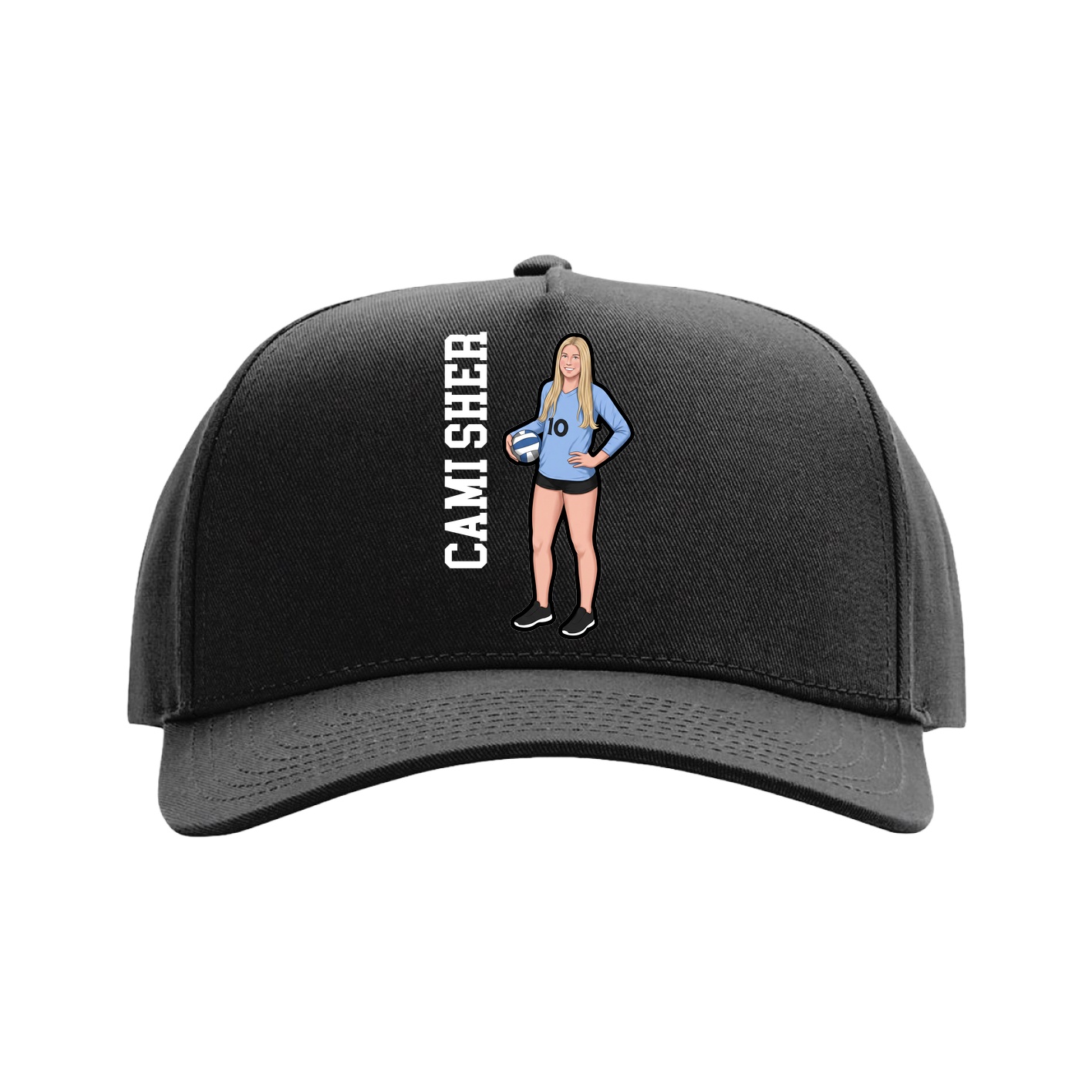 Full Fabric Five-Panel Champ Cap — Name Vertical in Black