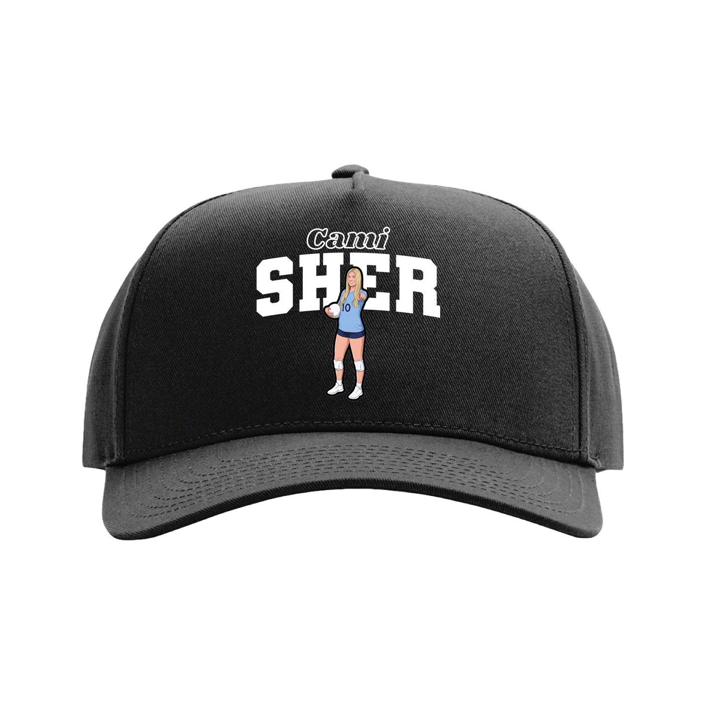 Full Fabric Five-Panel Champ Cap — Name Arch in Black