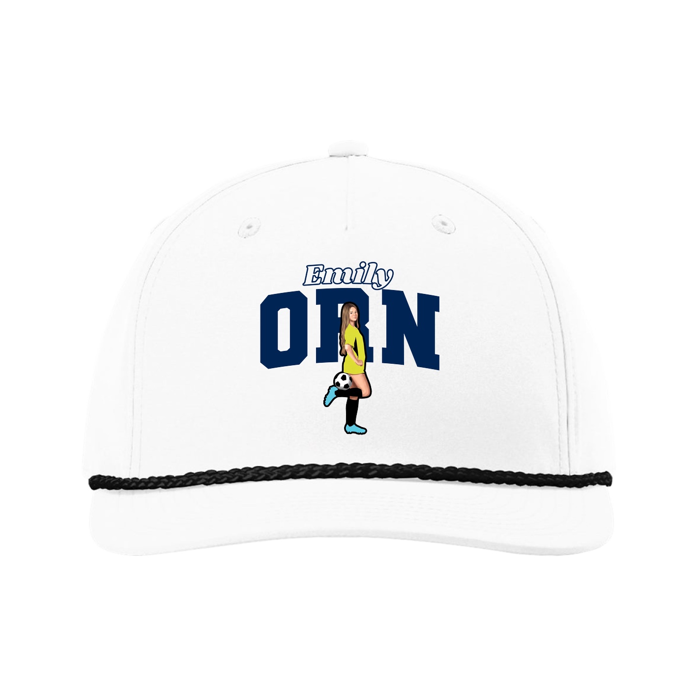 Five-Panel Classic Rope Cap — Name Arch in White