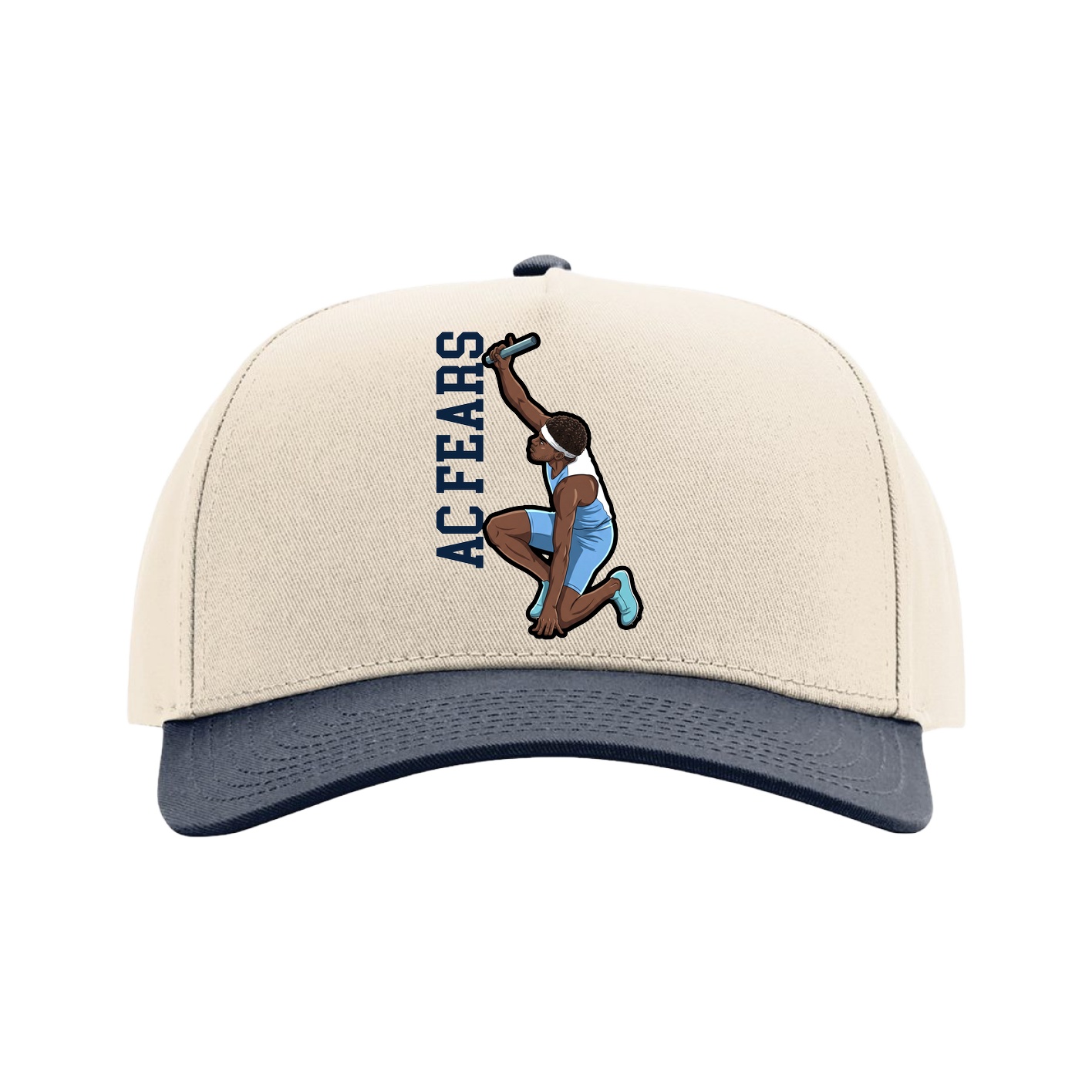 Full Fabric Five-Panel Champ Cap — Name Vertical in Cream/Navy