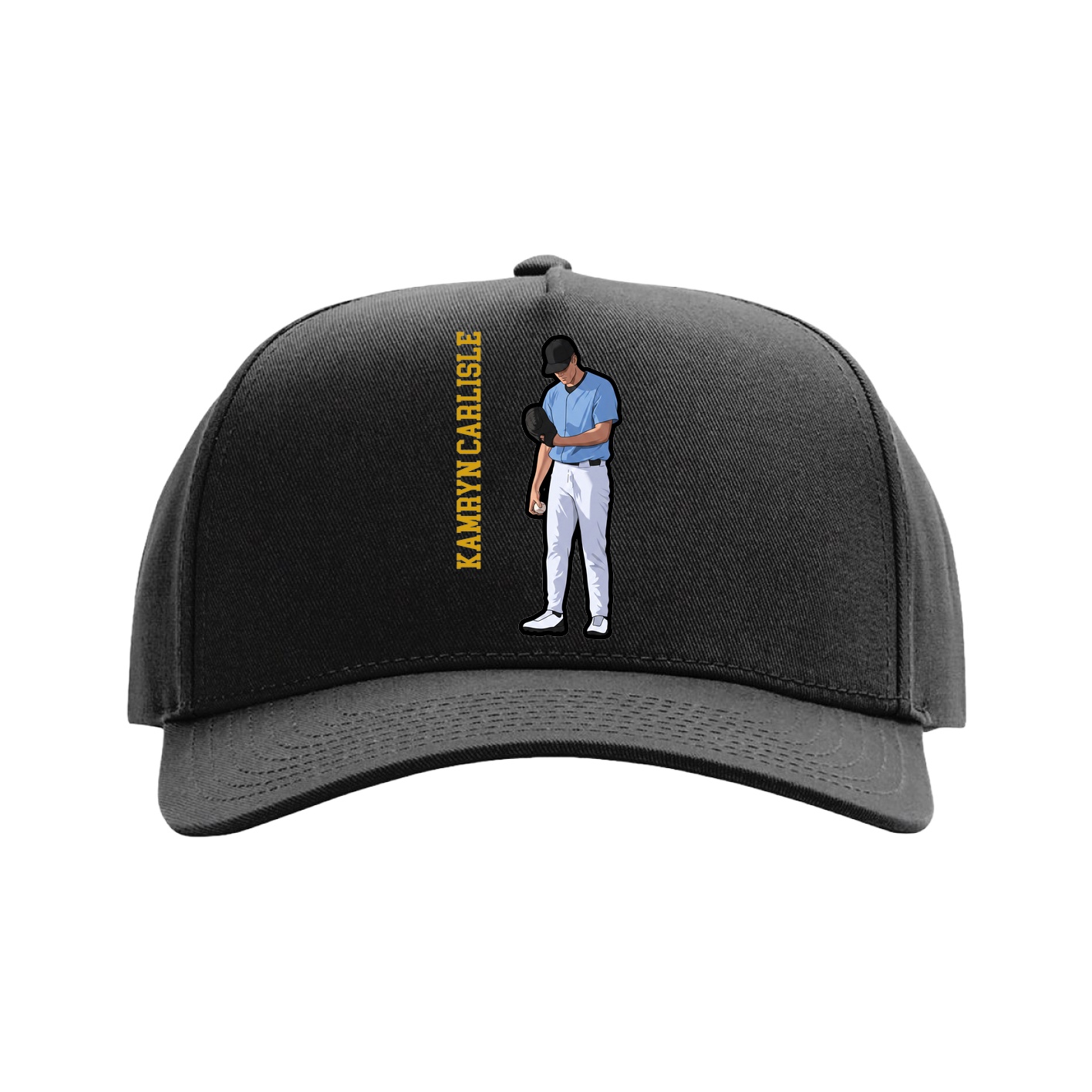 Full Fabric Five-Panel Champ Cap — Name Vertical in Black