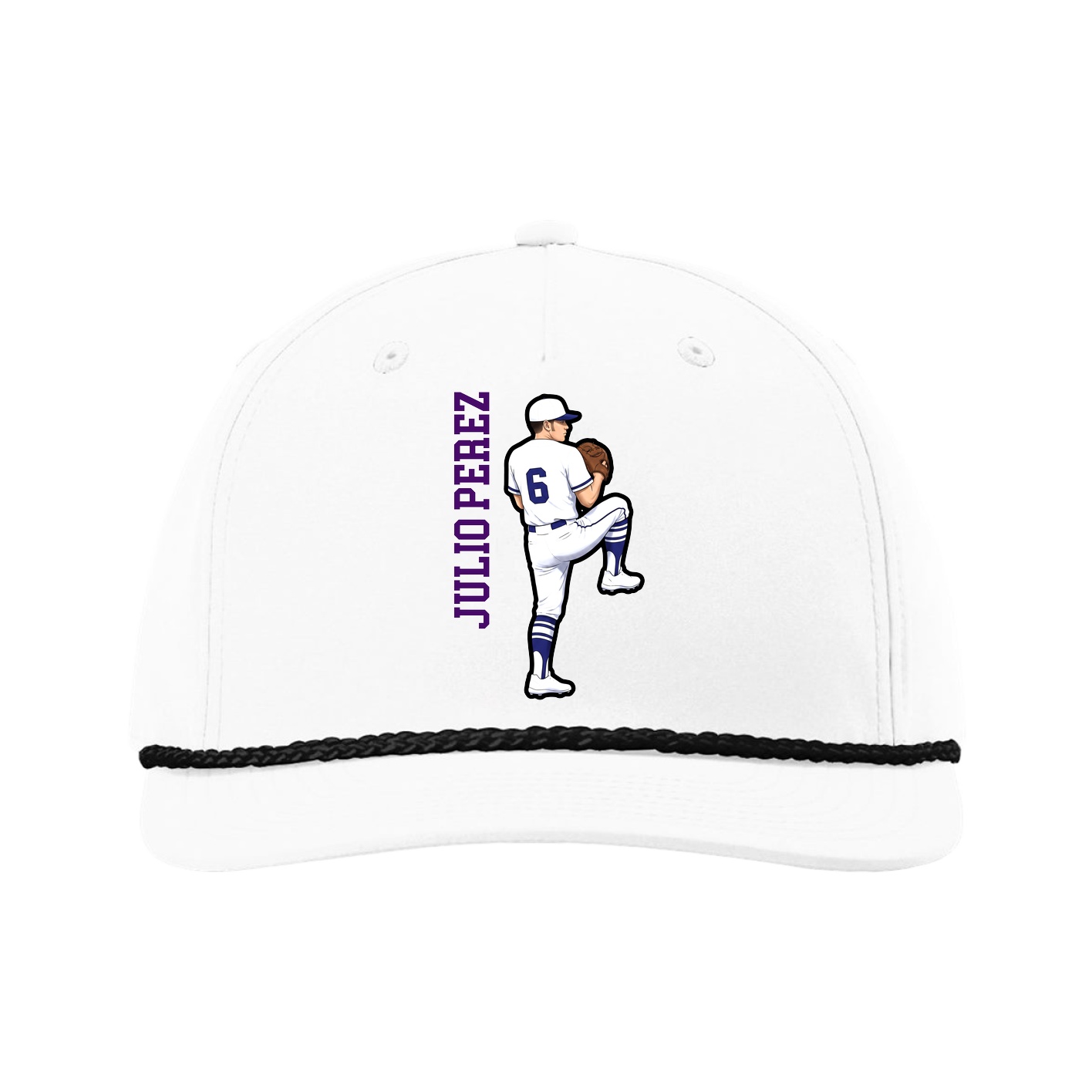 Five-Panel Classic Rope Cap — Name Vertical in White
