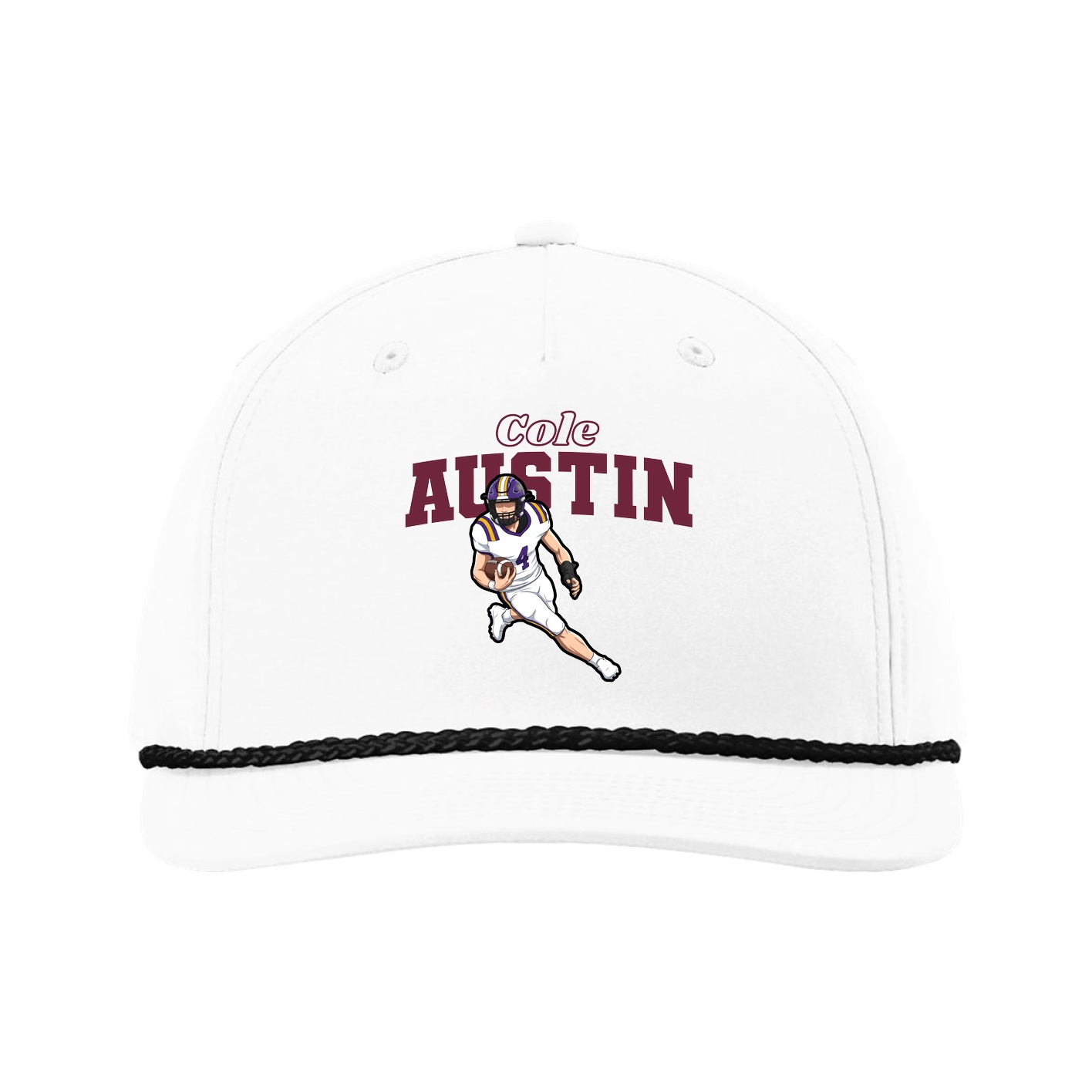 Five-Panel Classic Rope Cap — Name Arch in White