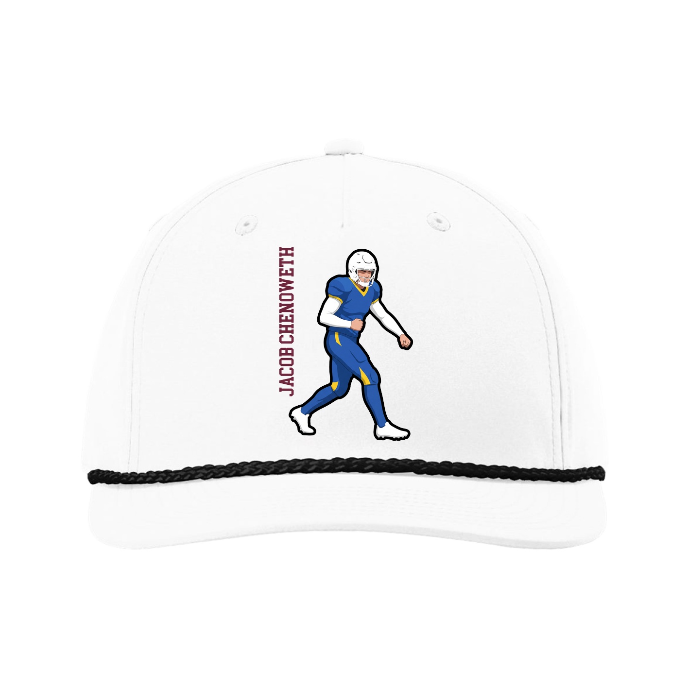 Five-Panel Classic Rope Cap — Name Vertical in White