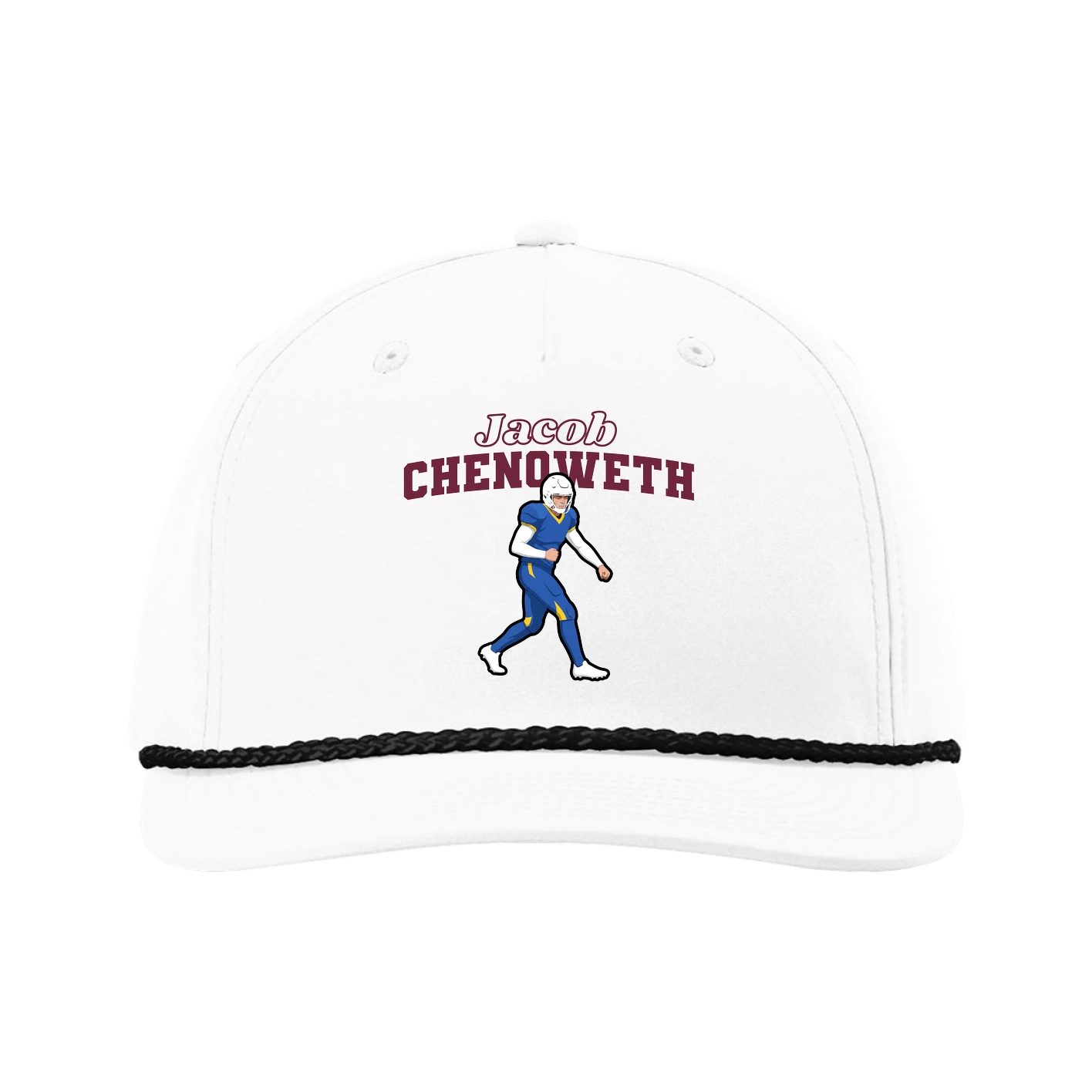 Five-Panel Classic Rope Cap — Name Arch in White