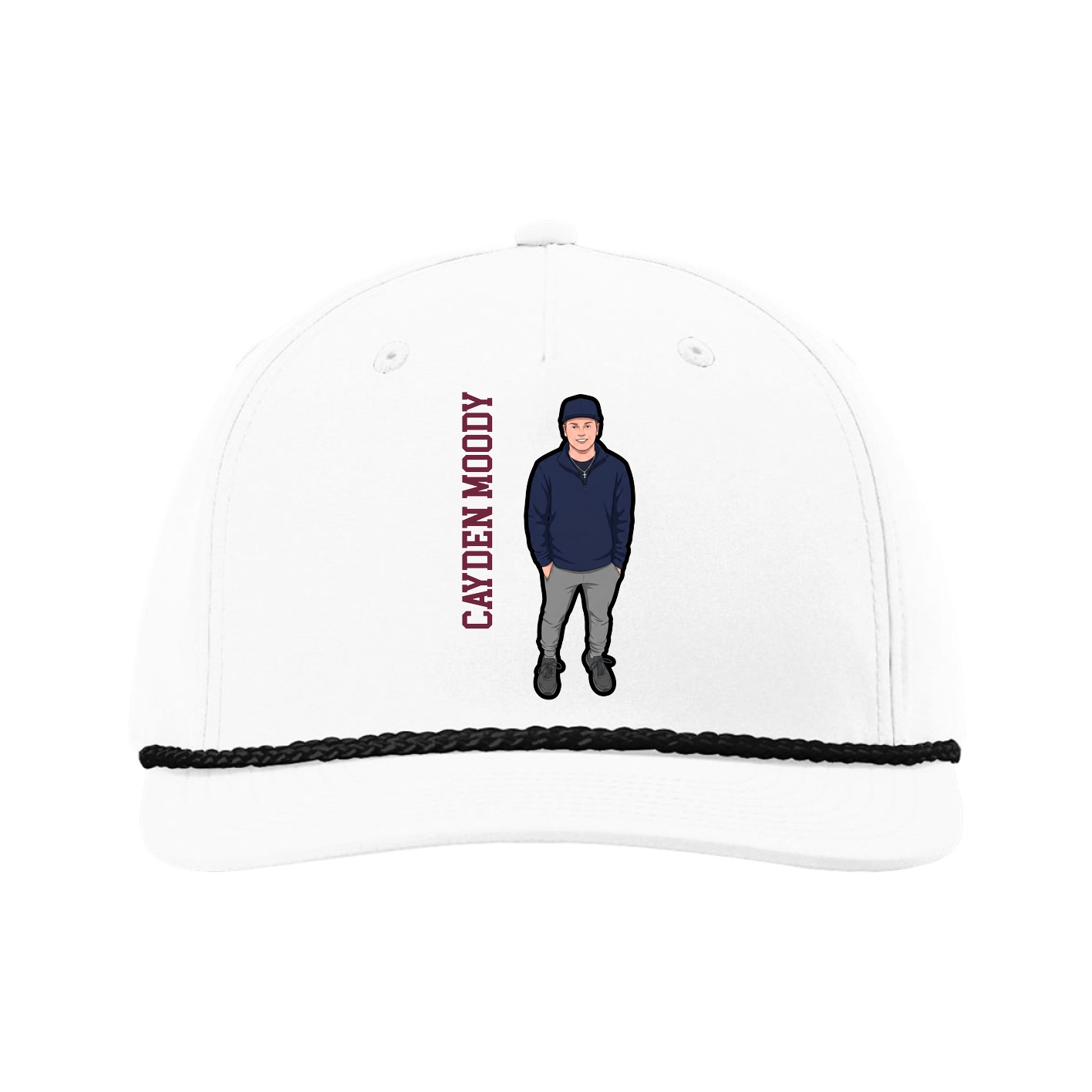 Five-Panel Classic Rope Cap — Name Vertical in White