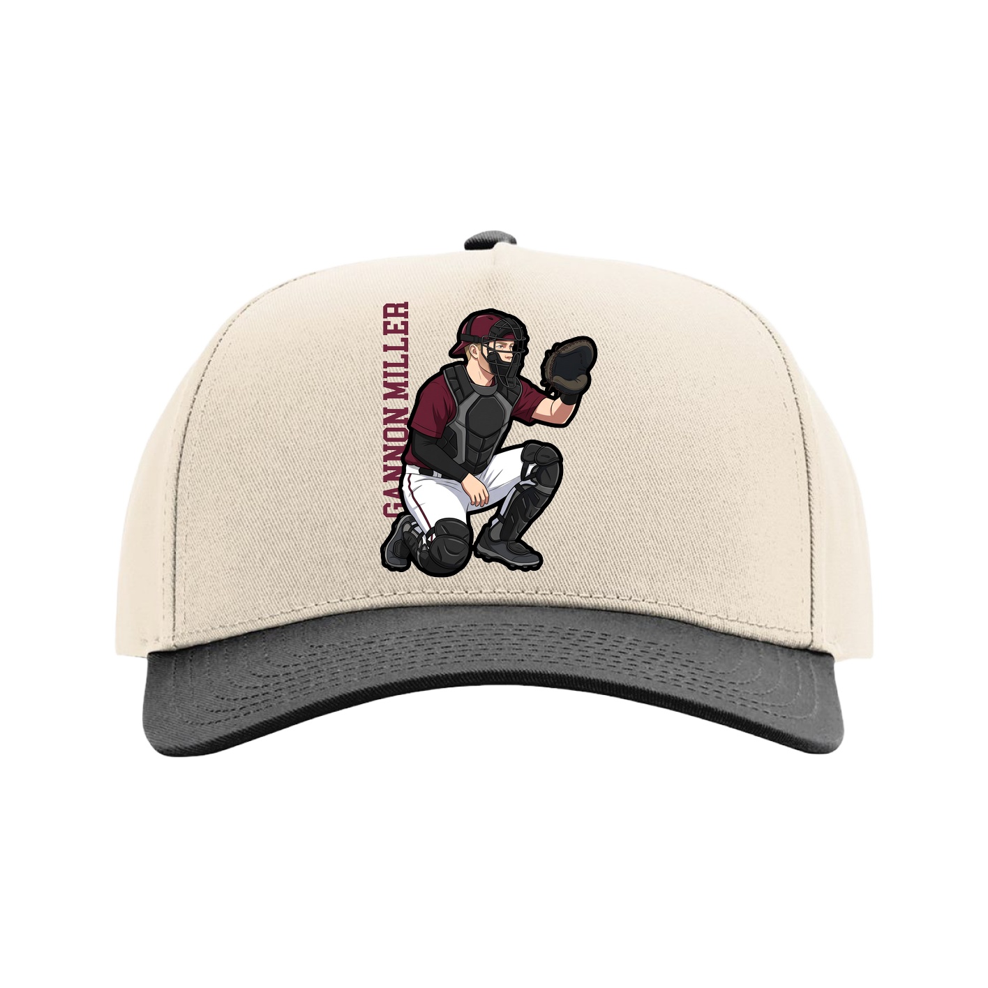 Full Fabric Five-Panel Champ Cap — Name Vertical in Cream/Black