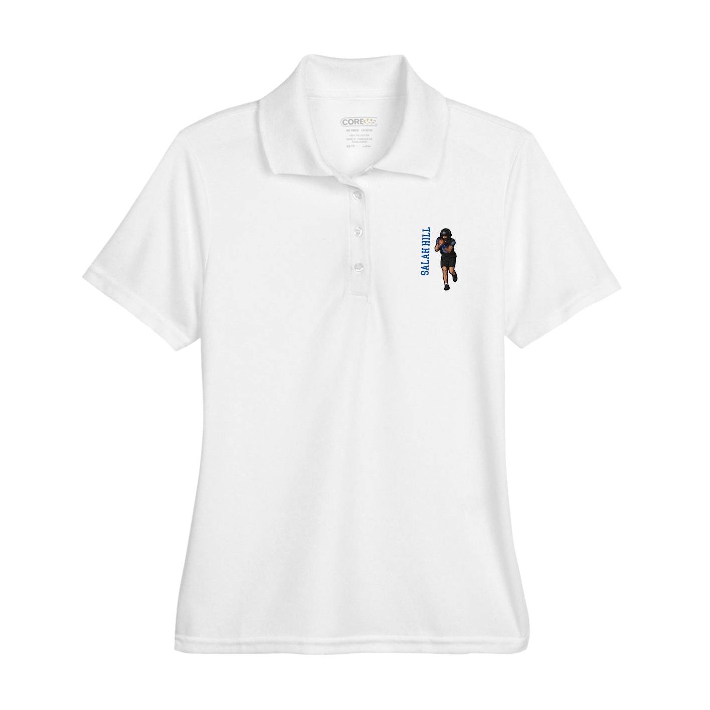 Womens Performance Polo — Name Vertical in White