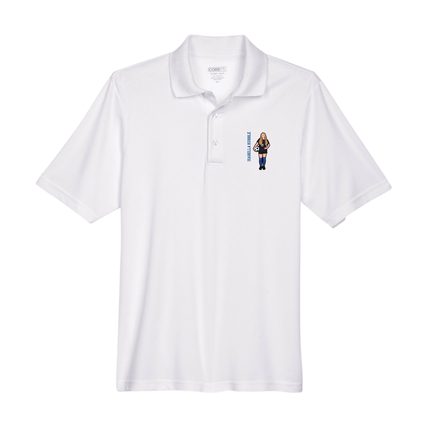 Performance Polo — Name Vertical in White