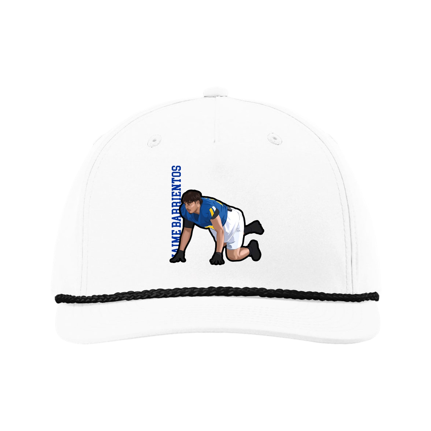 Five-Panel Classic Rope Cap — Name Vertical in White