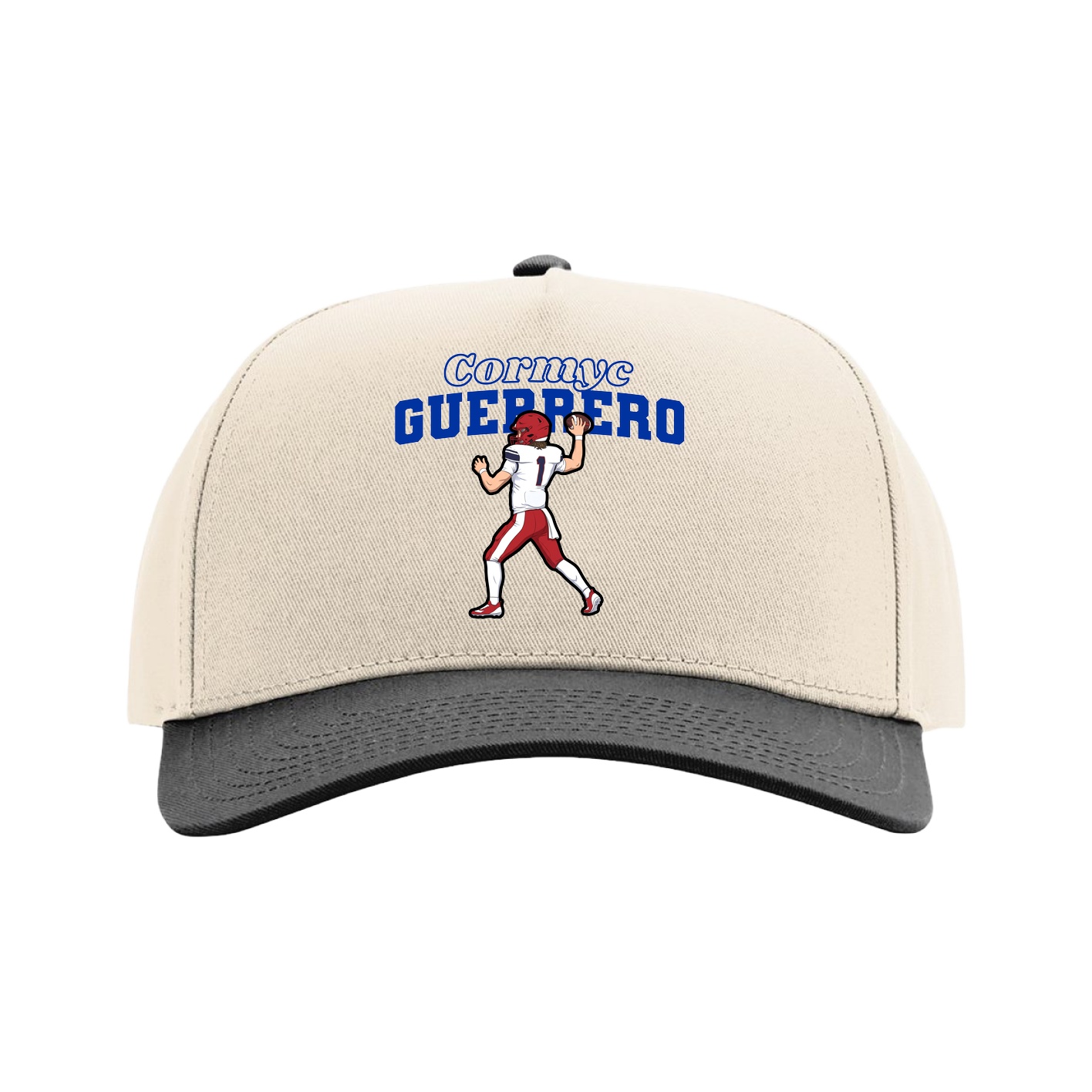 Full Fabric Five-Panel Champ Cap — Name Arch in Cream/Black