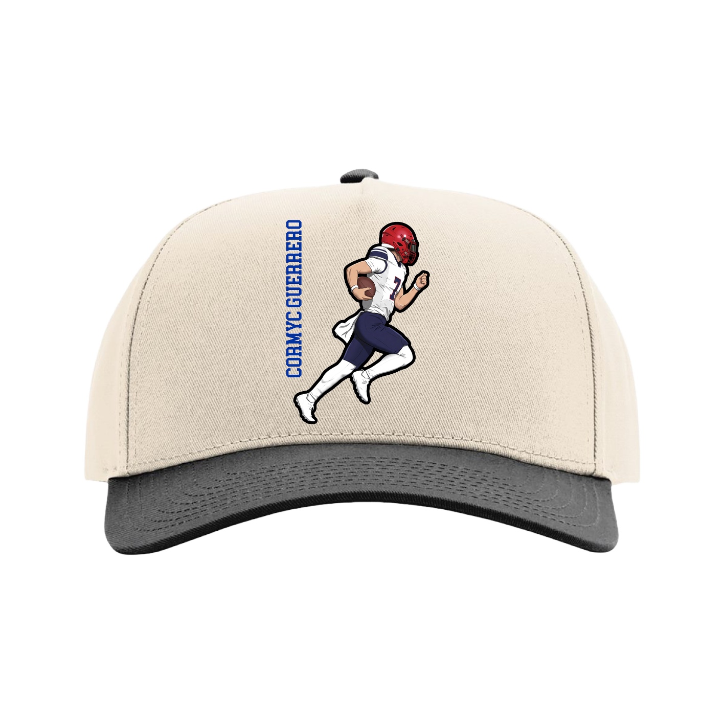 Full Fabric Five-Panel Champ Cap — Name Vertical in Cream/Black
