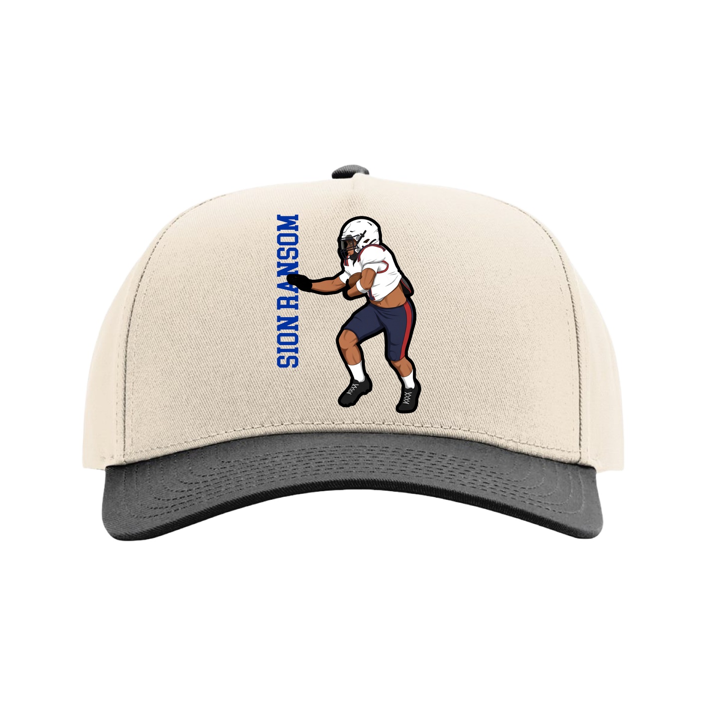 Full Fabric Five-Panel Champ Cap — Name Vertical in Cream/Black