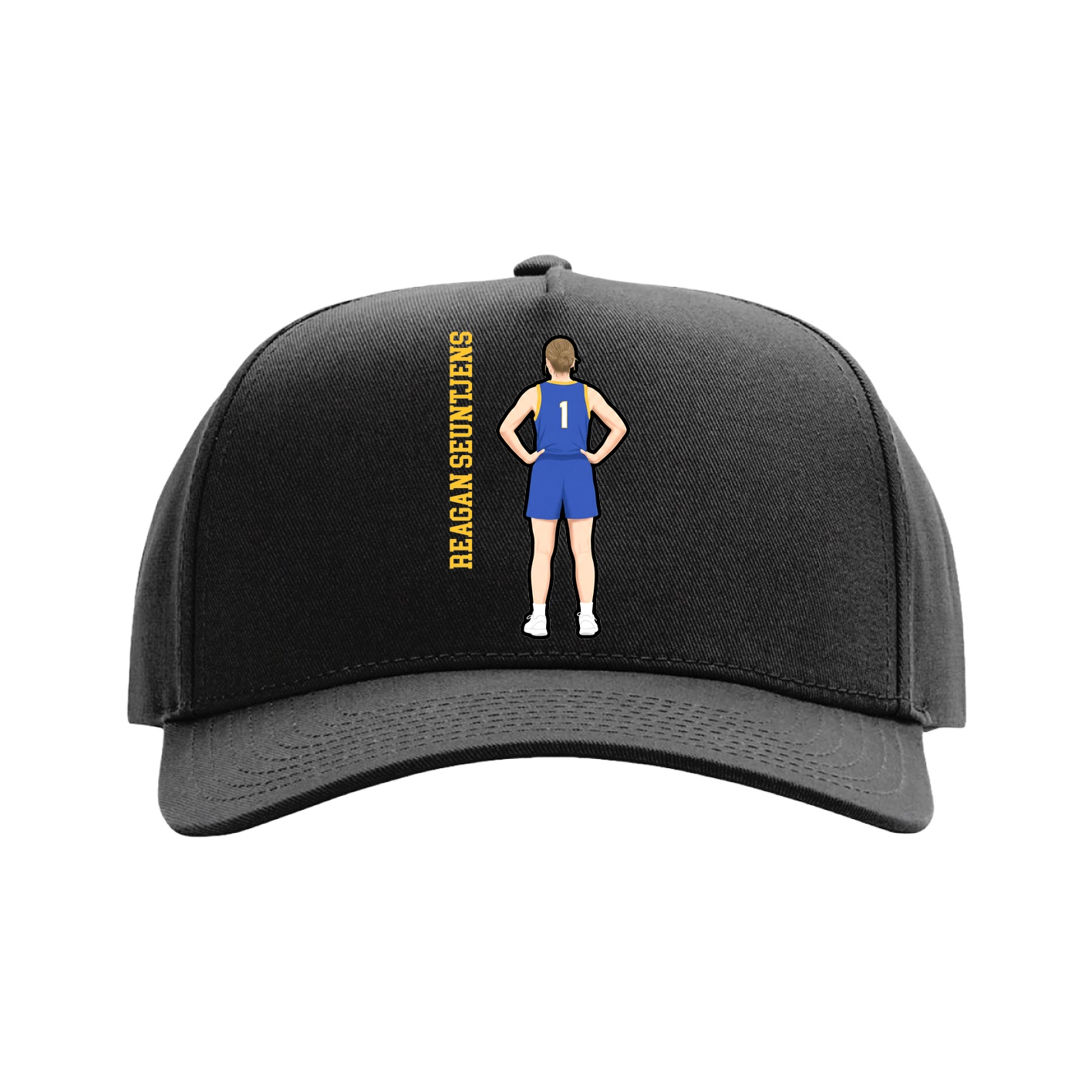 Full Fabric Five-Panel Champ Cap — Name Vertical in Black