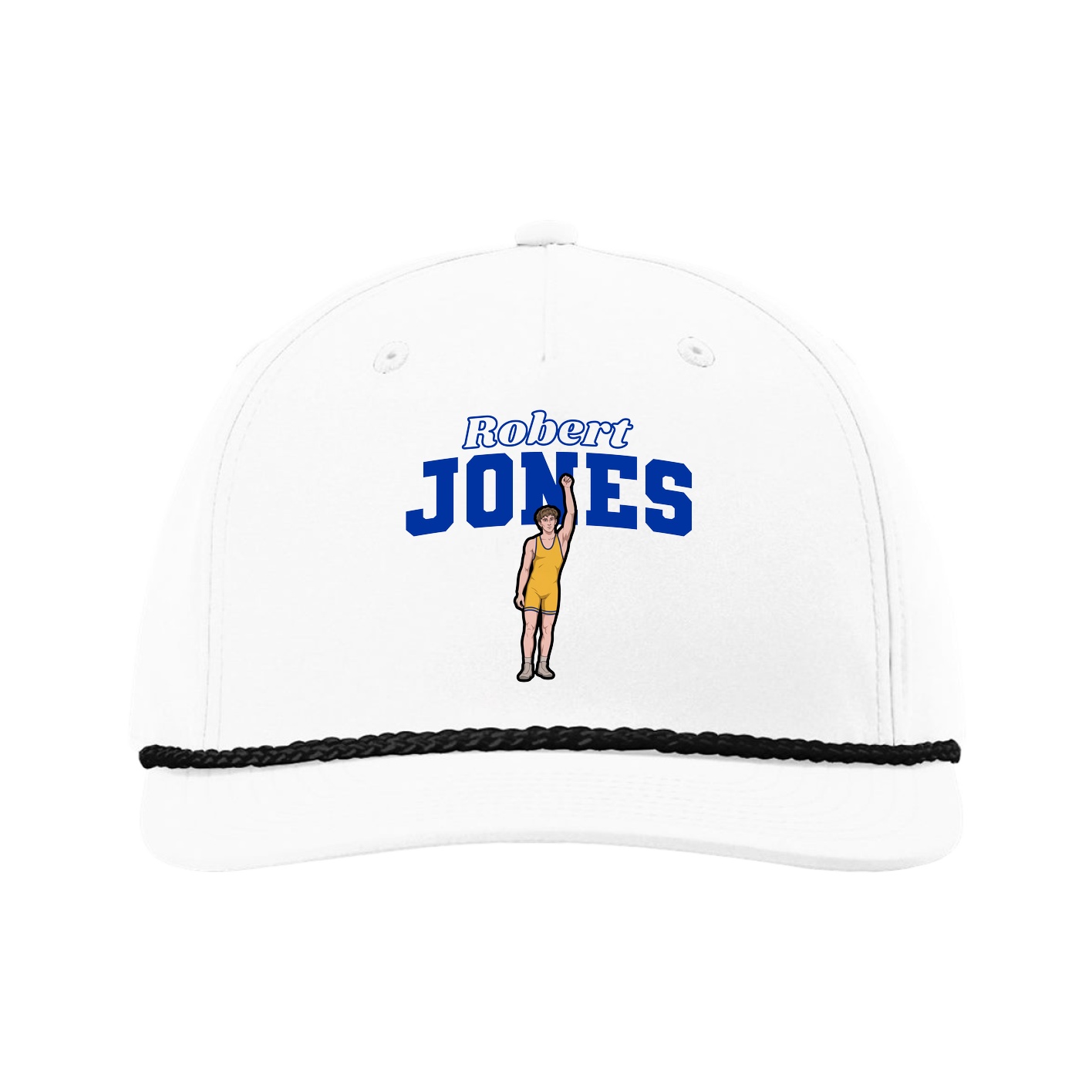Five-Panel Classic Rope Cap — Name Arch in White