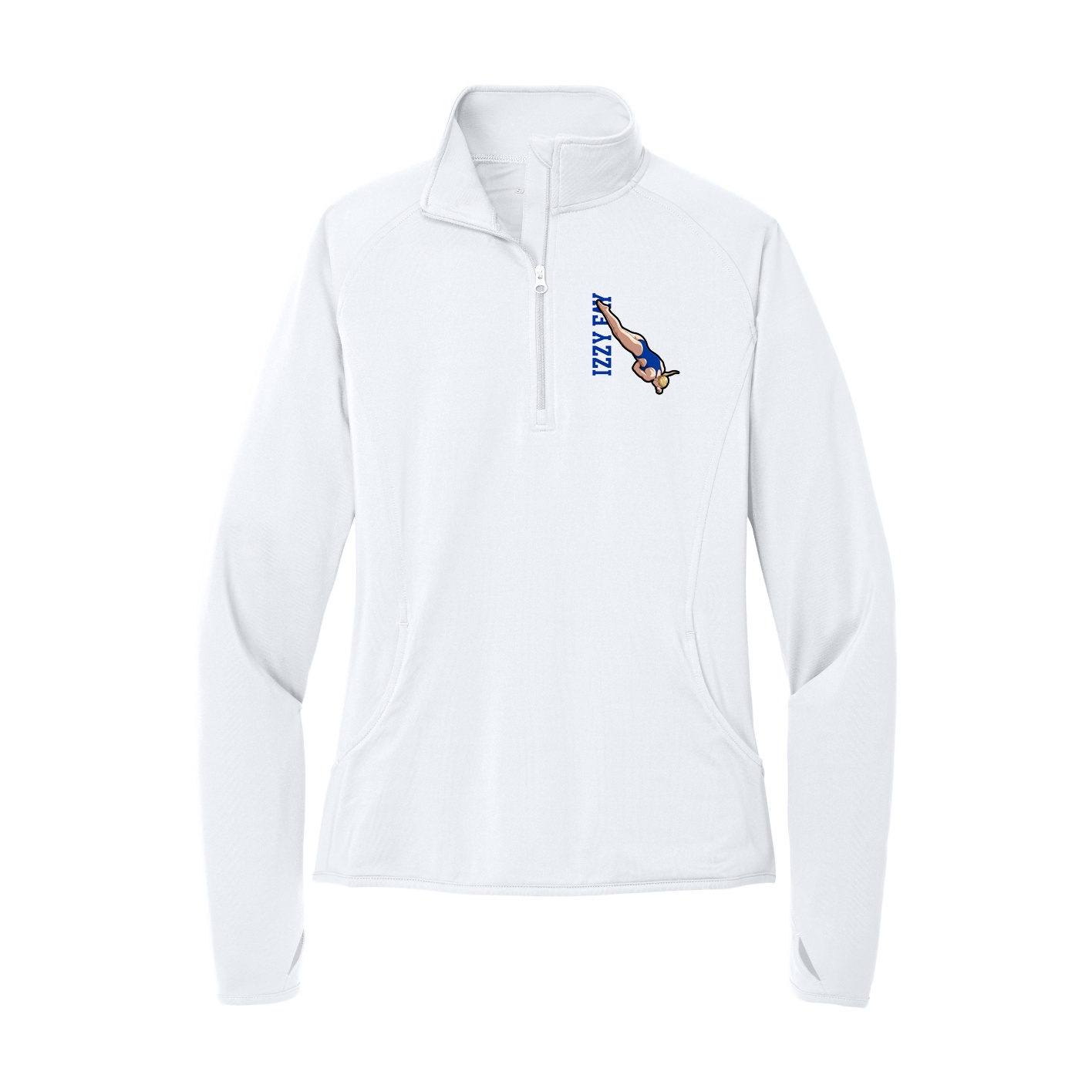 Women's Q-Zip Pullover — Name Vertical in White