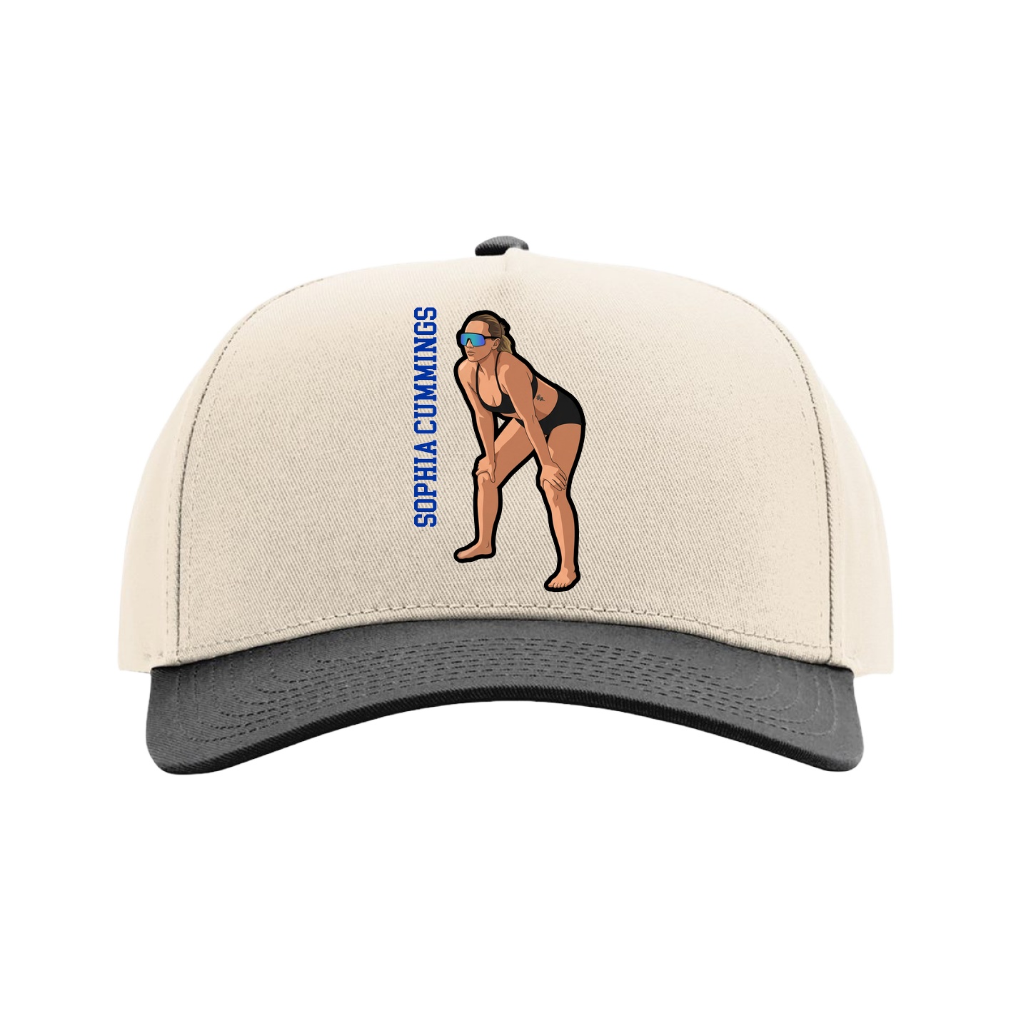 Full Fabric Five-Panel Champ Cap — Name Vertical in Cream/Black