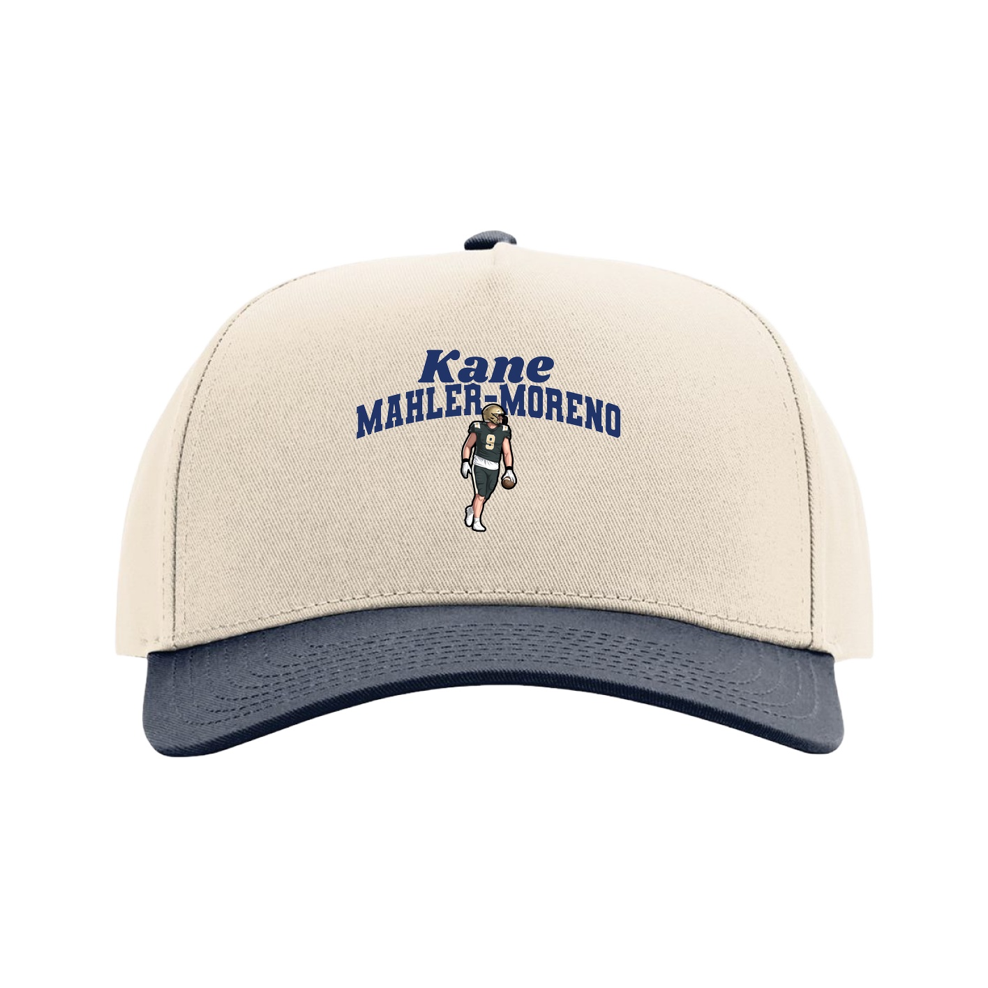 Full Fabric Five-Panel Champ Cap — Signature Arch in Cream/Navy
