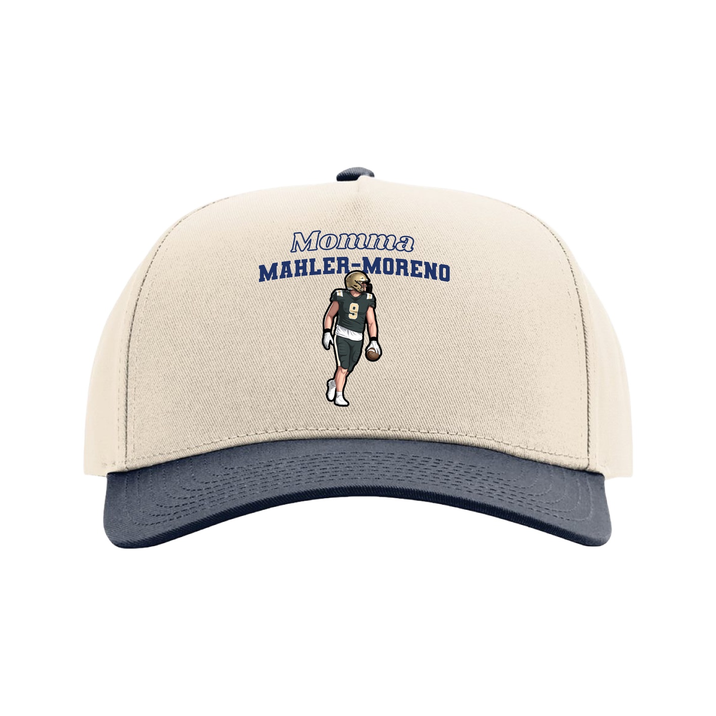 Full Fabric Five-Panel Champ Cap — Mothers Day Block in Cream/Navy