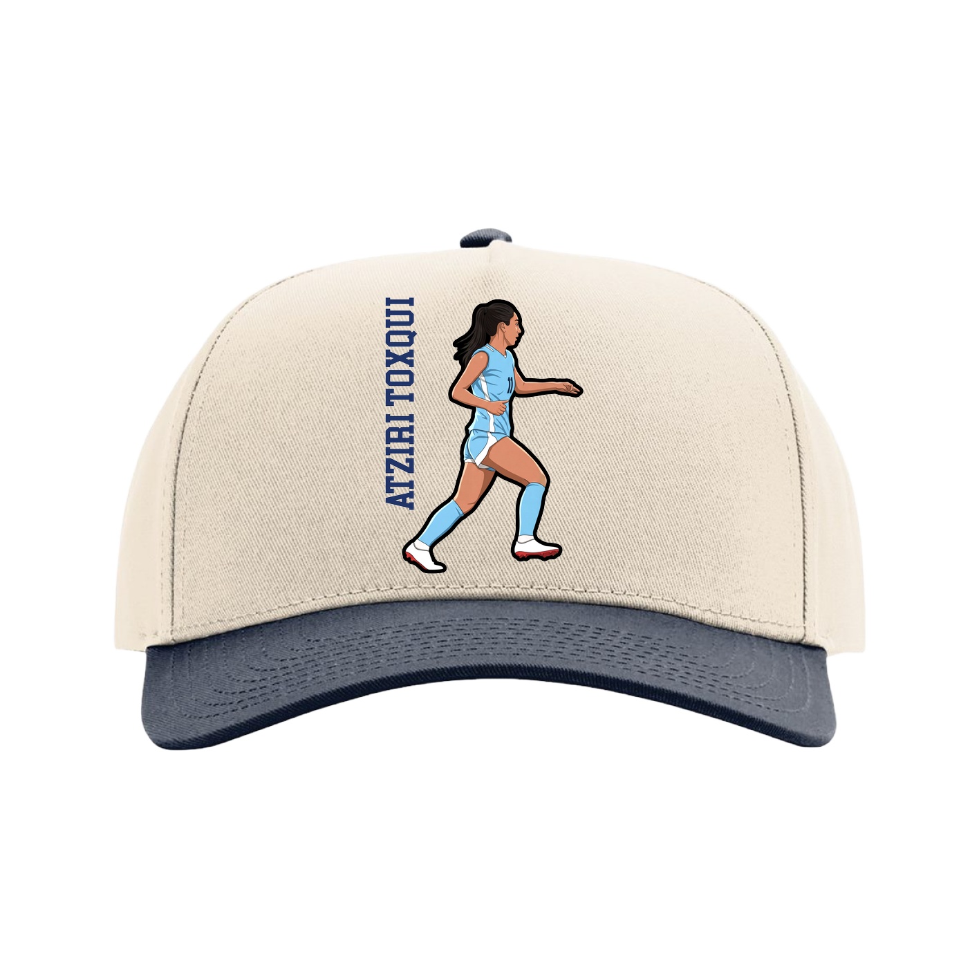 Full Fabric Five-Panel Champ Cap — Name Vertical in Cream/Navy