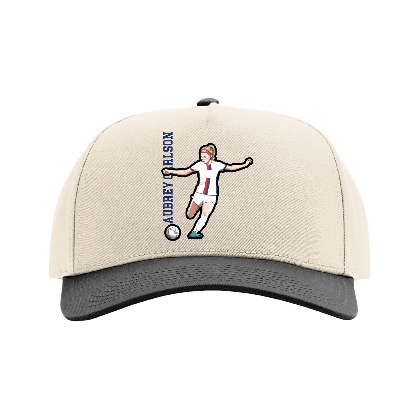 Full Fabric Five-Panel Champ Cap — Name Vertical in Cream/Black
