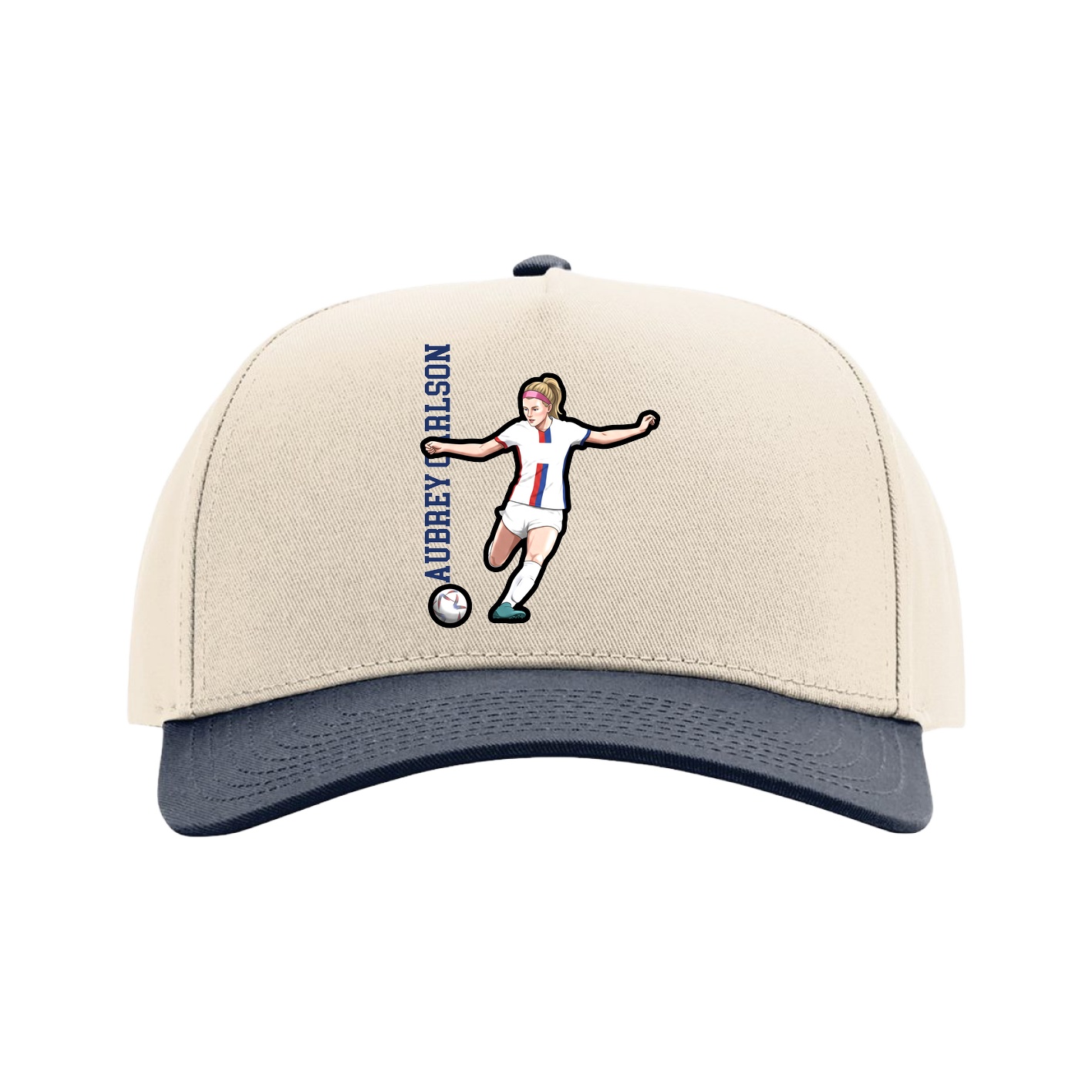 Full Fabric Five-Panel Champ Cap — Name Vertical in Cream/Navy