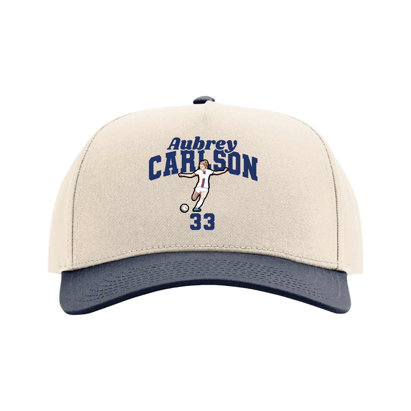 Full Fabric Five-Panel Champ Cap — Signature Arch in Cream/Navy
