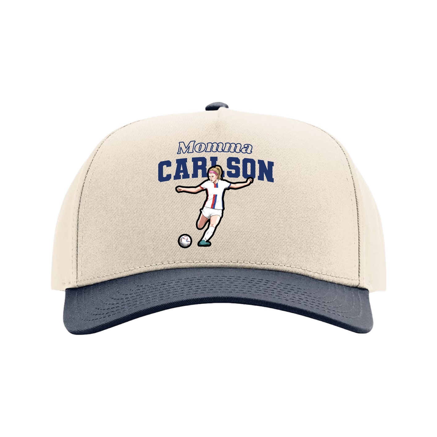 Full Fabric Five-Panel Champ Cap — Mothers Day Block in Cream/Navy