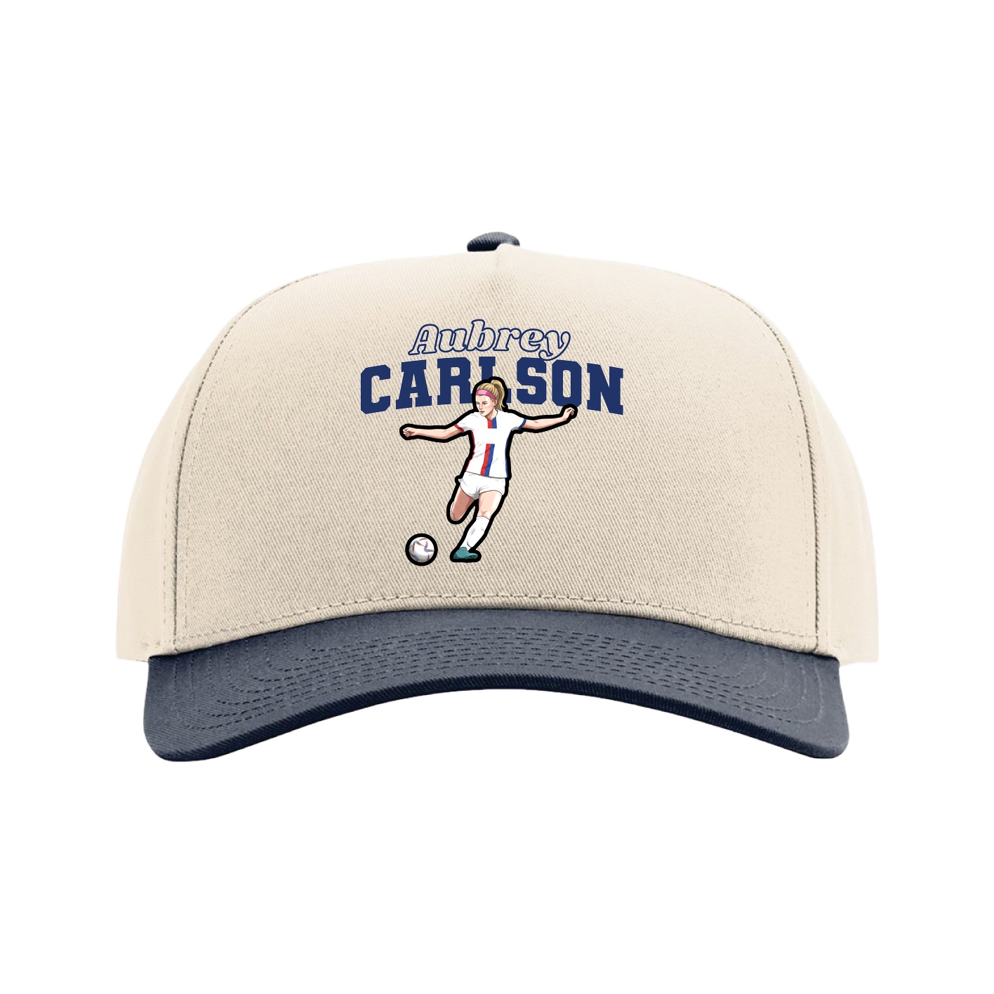 Full Fabric Five-Panel Champ Cap — Name Arch in Cream/Navy