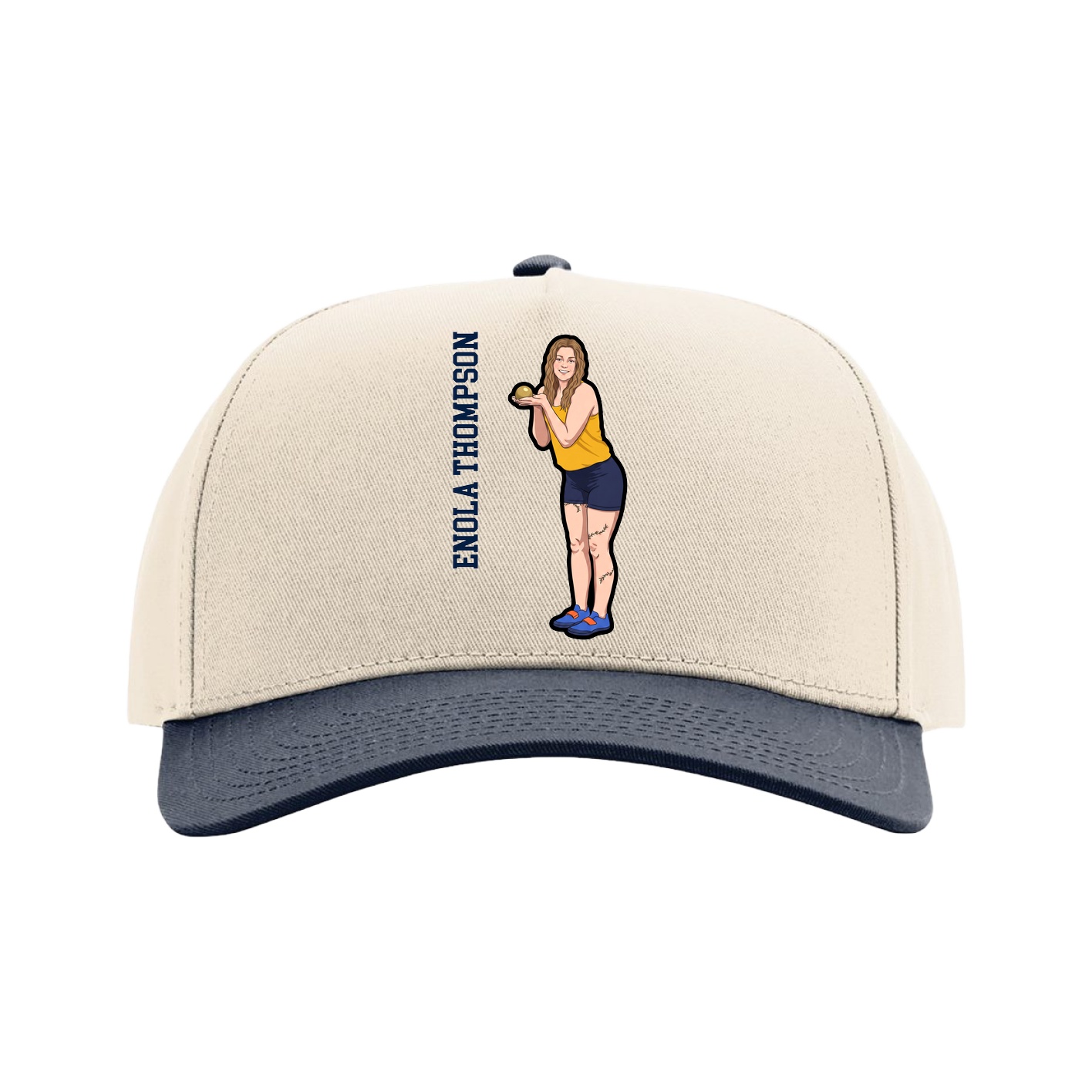Full Fabric Five-Panel Champ Cap — Name Vertical in Cream/Navy