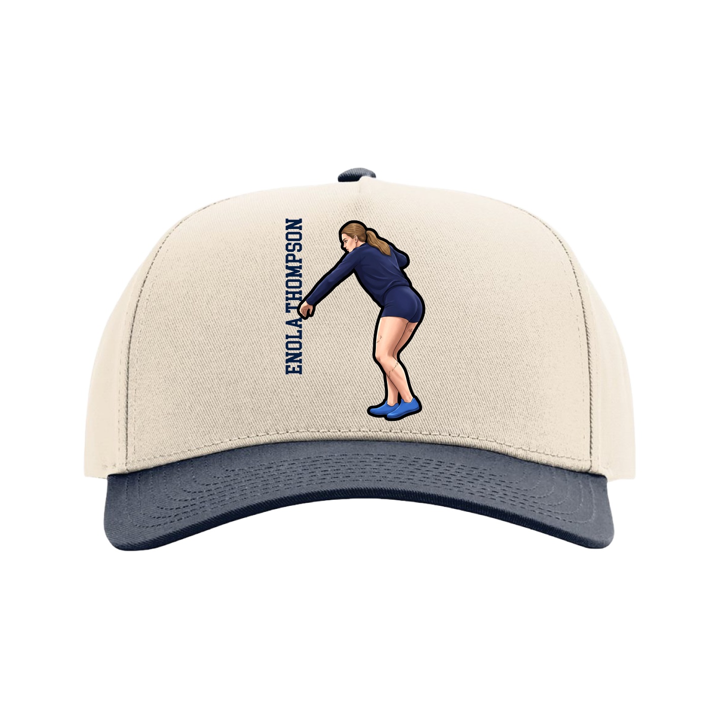 Full Fabric Five-Panel Champ Cap — Name Vertical in Cream/Navy
