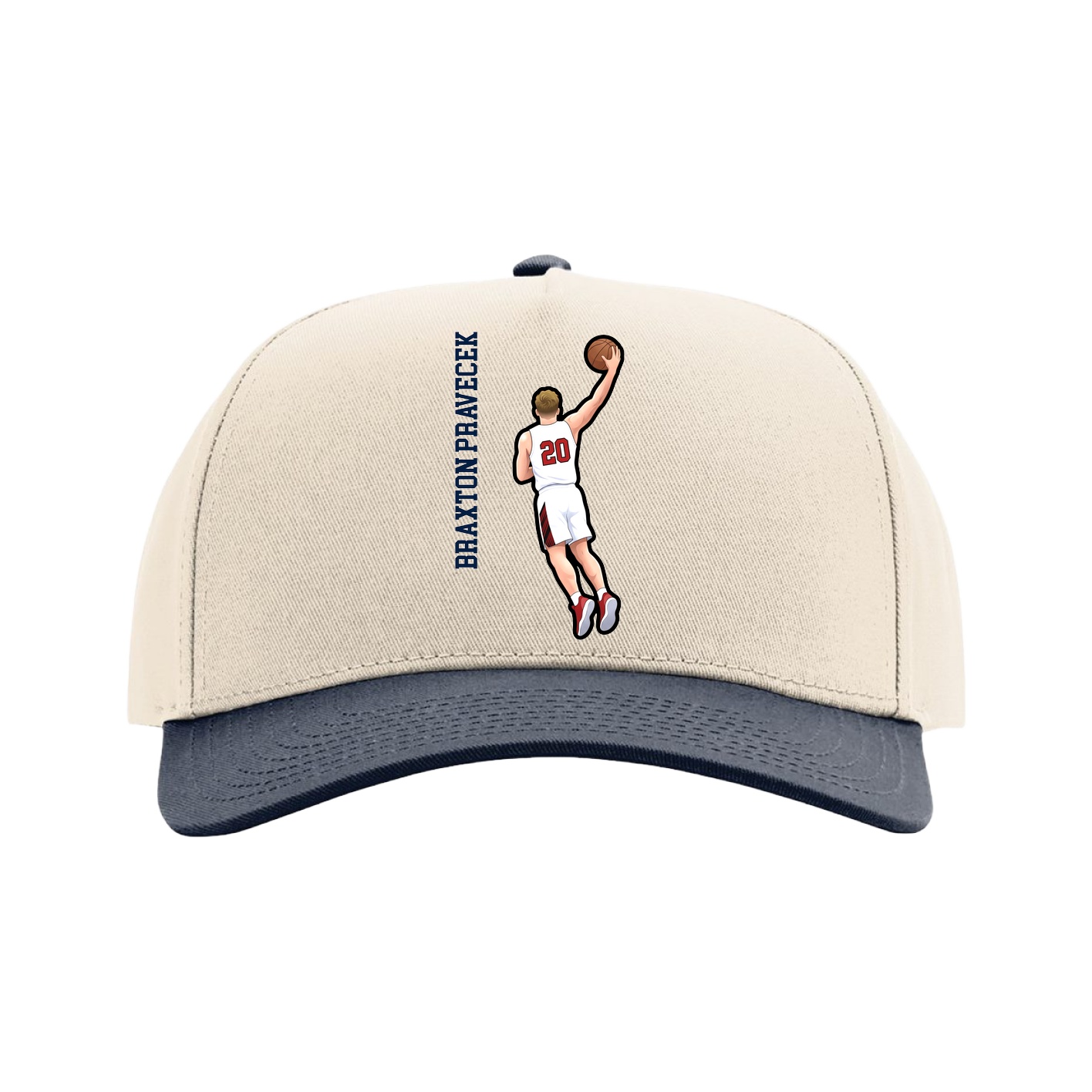 Full Fabric Five-Panel Champ Cap — Name Vertical in Cream/Navy