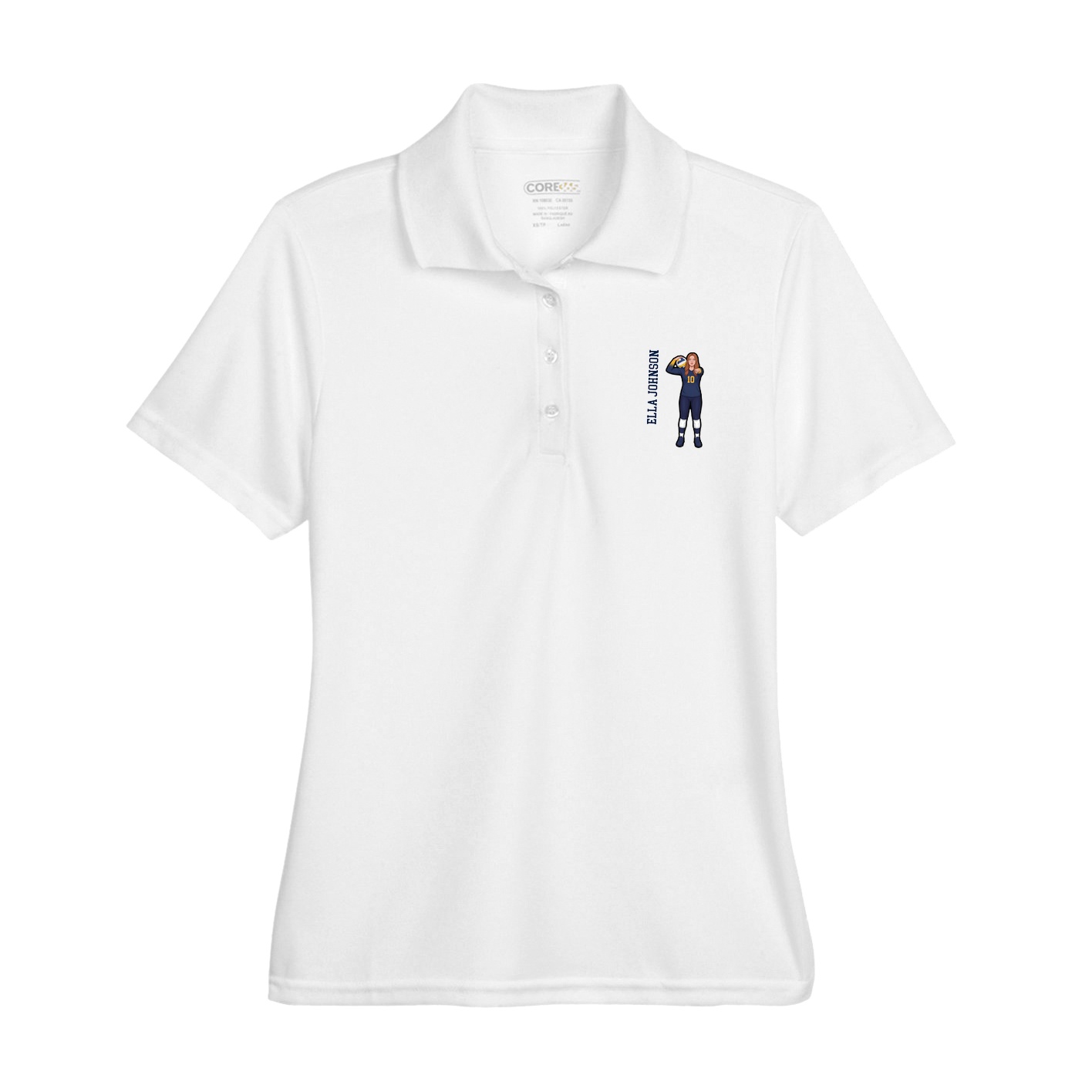 Womens Performance Polo — Name Vertical in White