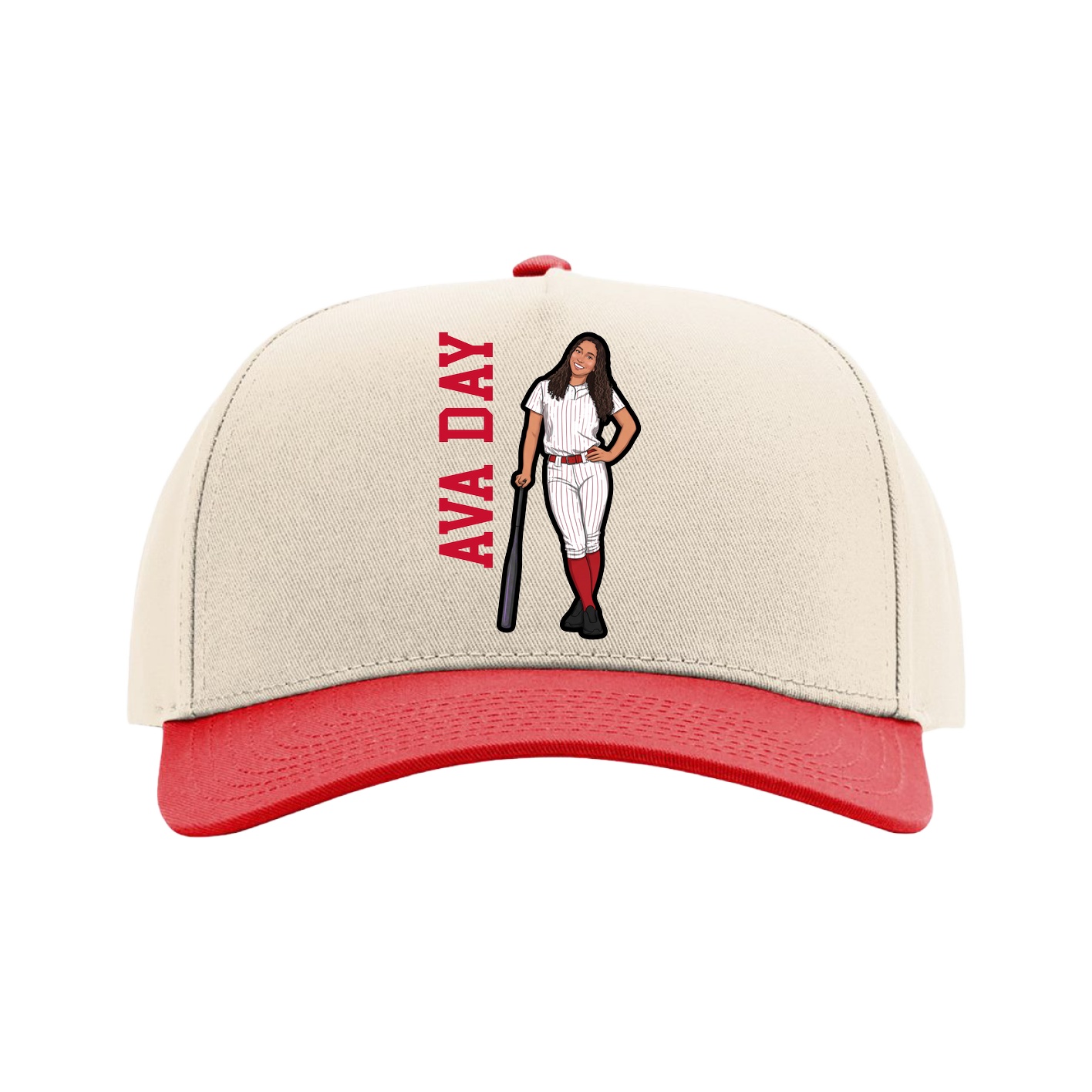 Full Fabric Five-Panel Champ Cap — Name Vertical in Cream/Red