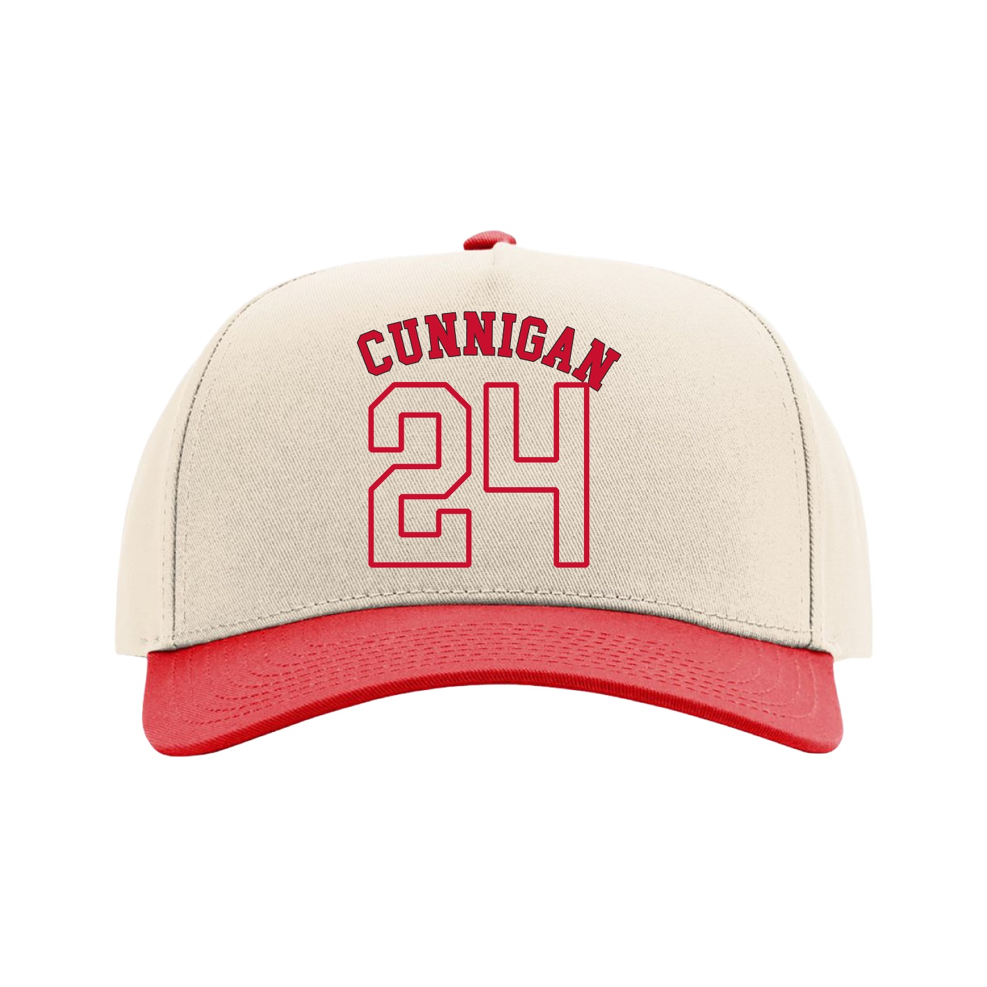 Full Fabric Five-Panel Champ Cap — Shirsey Arch in Cream/Red