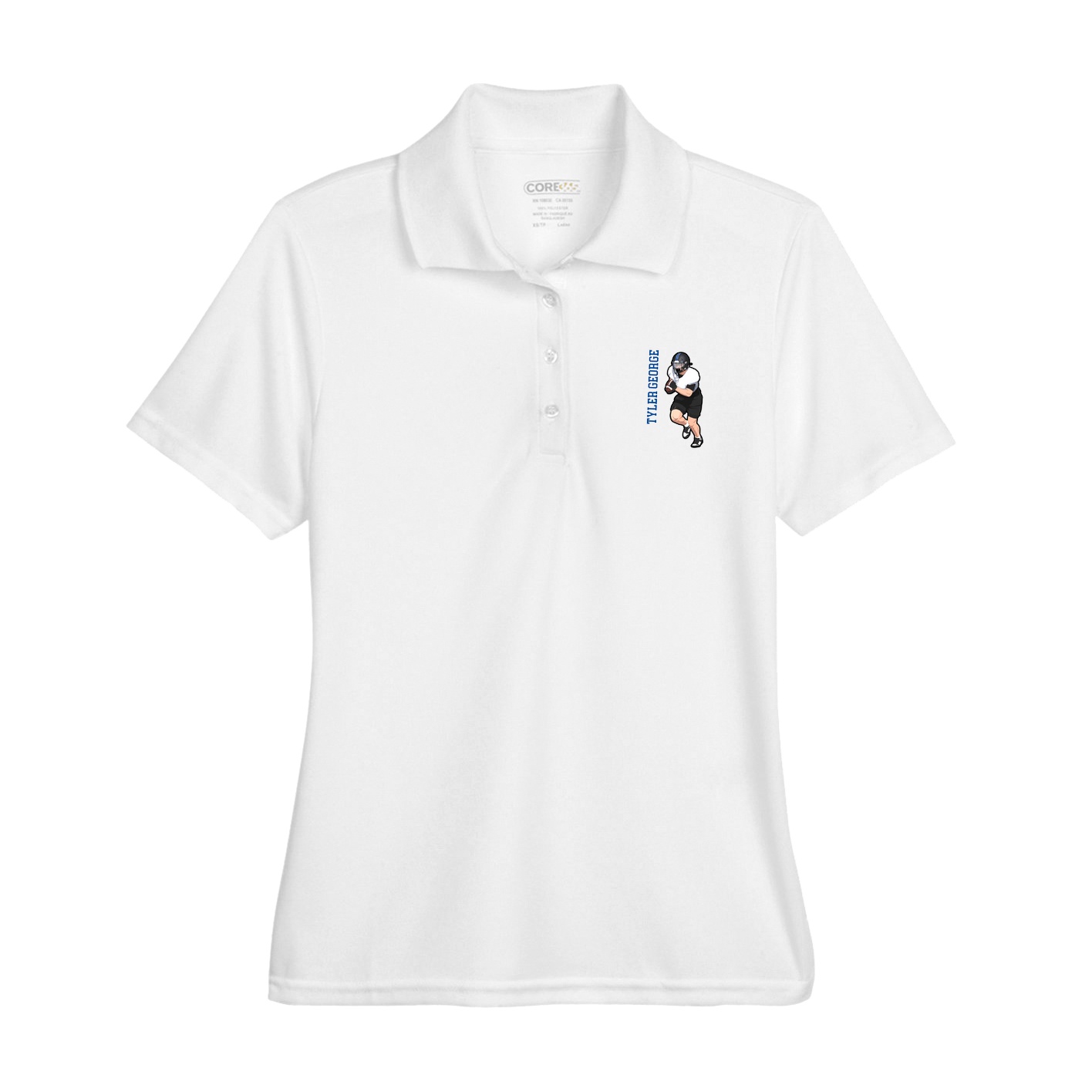 Womens Performance Polo — Name Vertical in White
