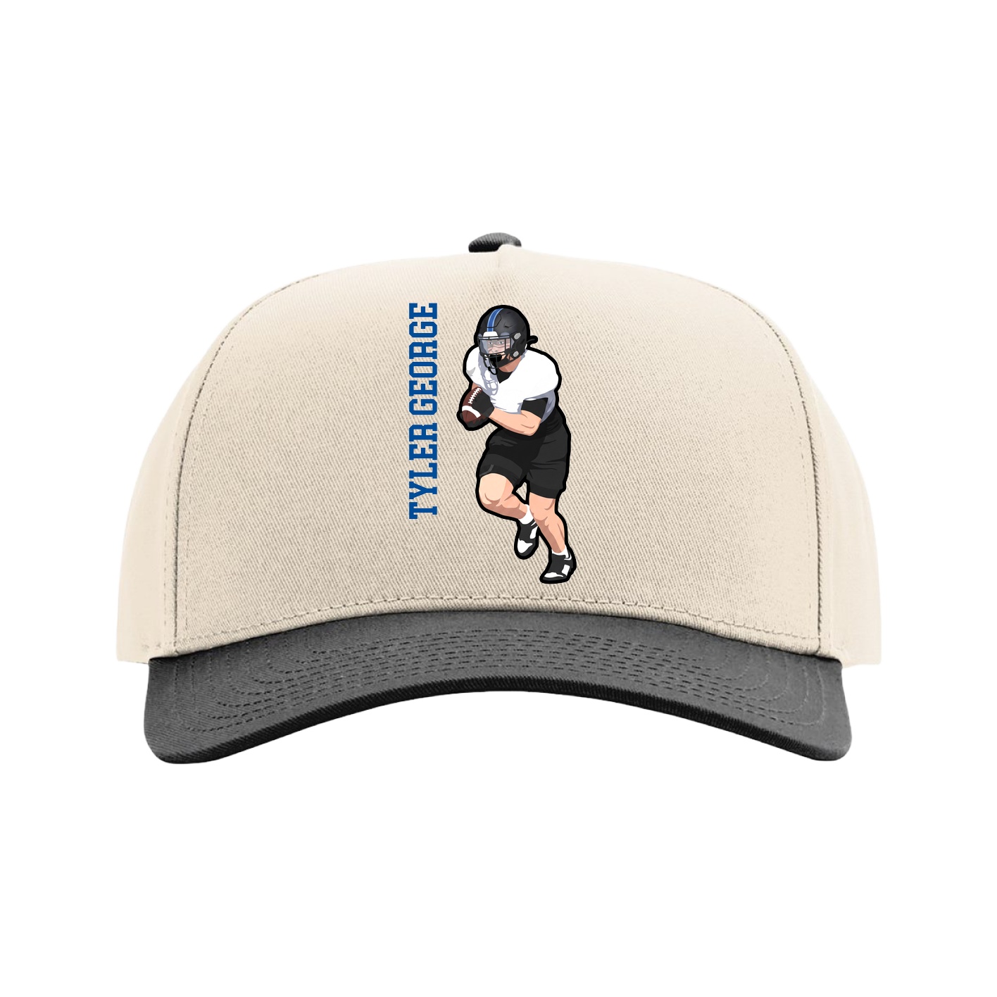Full Fabric Five-Panel Champ Cap — Name Vertical in Cream/Black