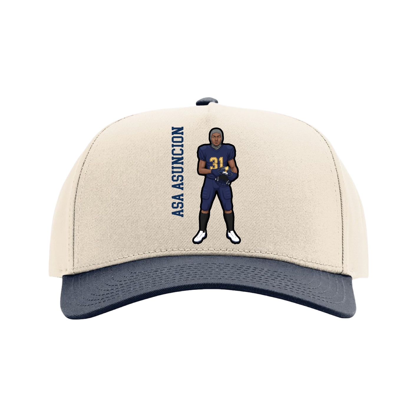 Full Fabric Five-Panel Champ Cap — Name Vertical in Cream/Navy