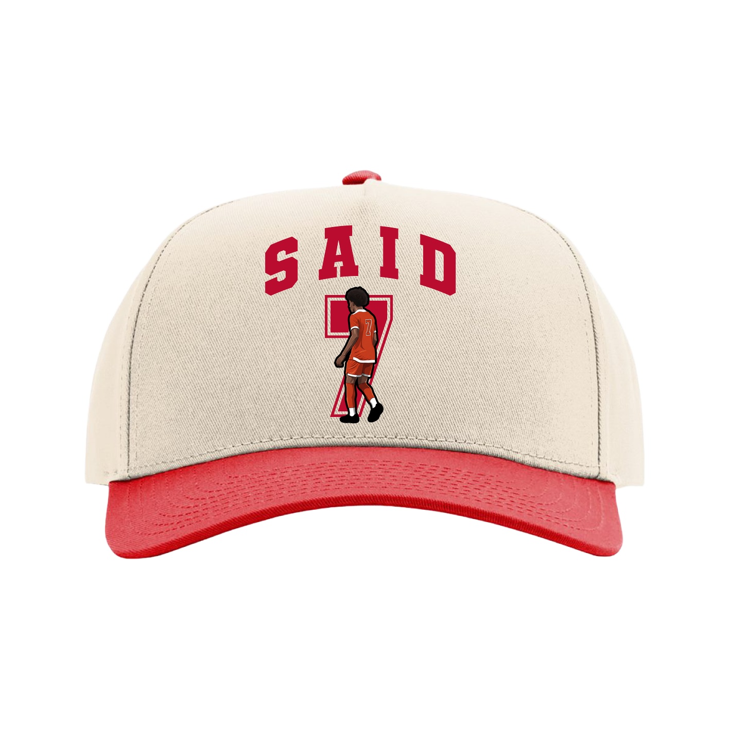 Full Fabric Five-Panel Champ Cap — Number in Cream/Red
