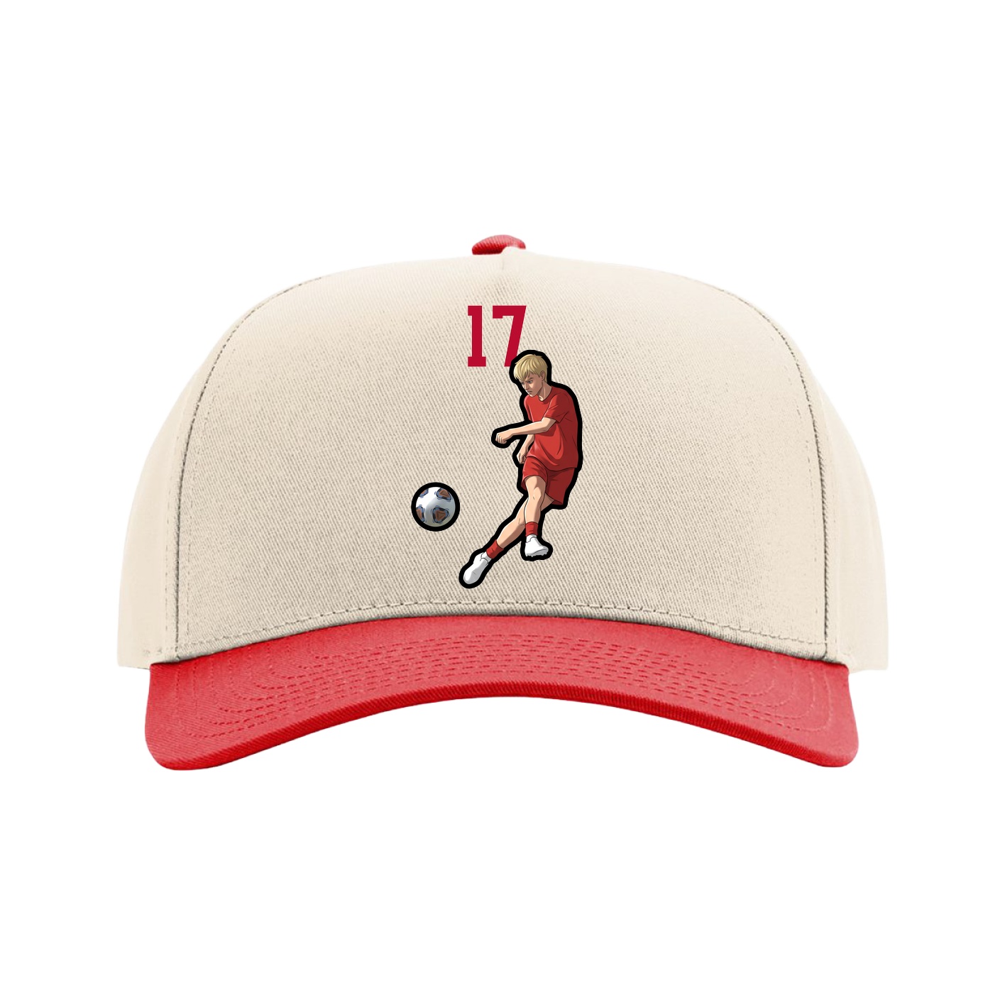 Full Fabric Five-Panel Champ Cap — Number Top in Cream/Red