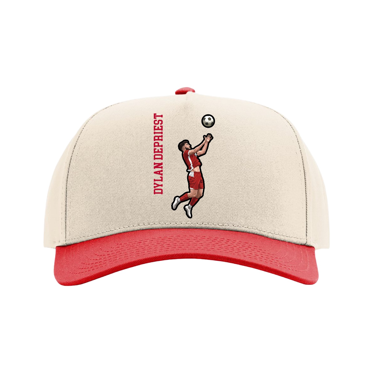 Full Fabric Five-Panel Champ Cap — Name Vertical in Cream/Red